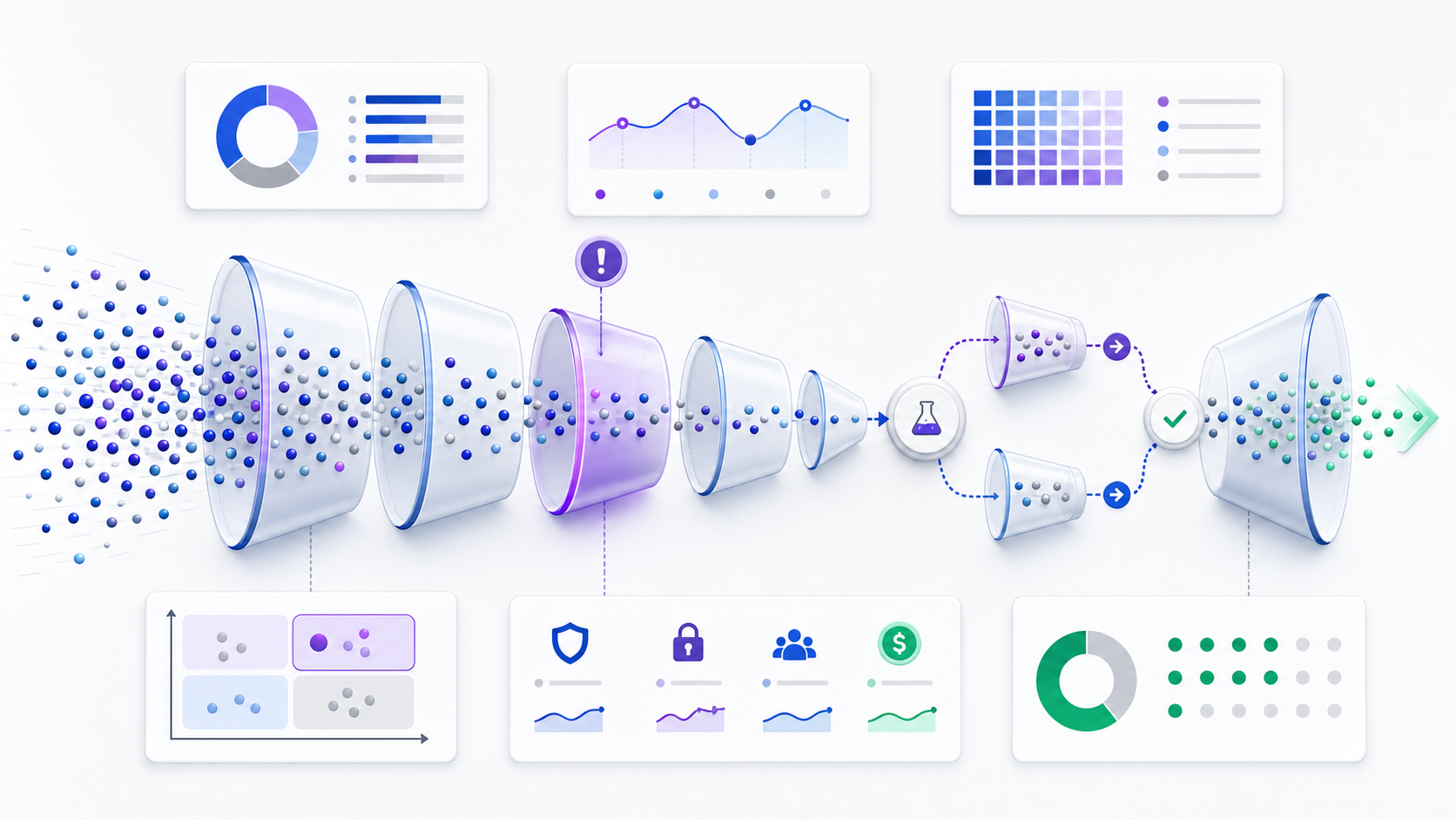 Conversion funnel optimization workflow showing a bottleneck, experiment split, guardrails, and validated downstream flow