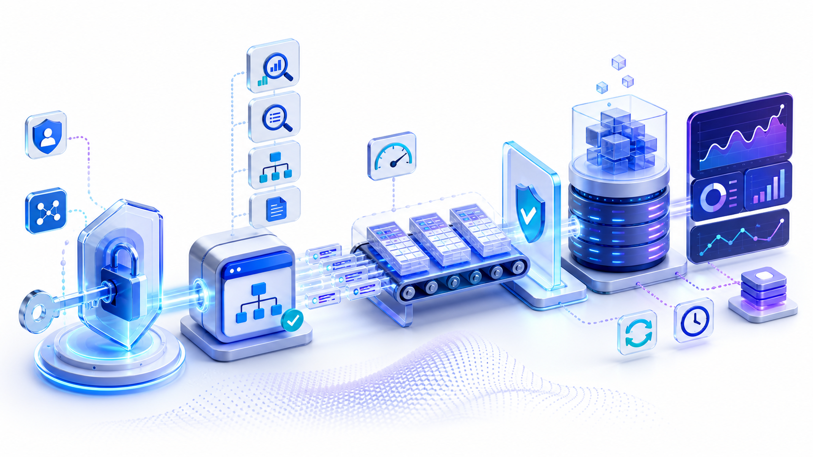 Google Search Console API pipeline connecting OAuth authorization, property access, paginated Search Analytics requests, validation, governed storage, and monitoring