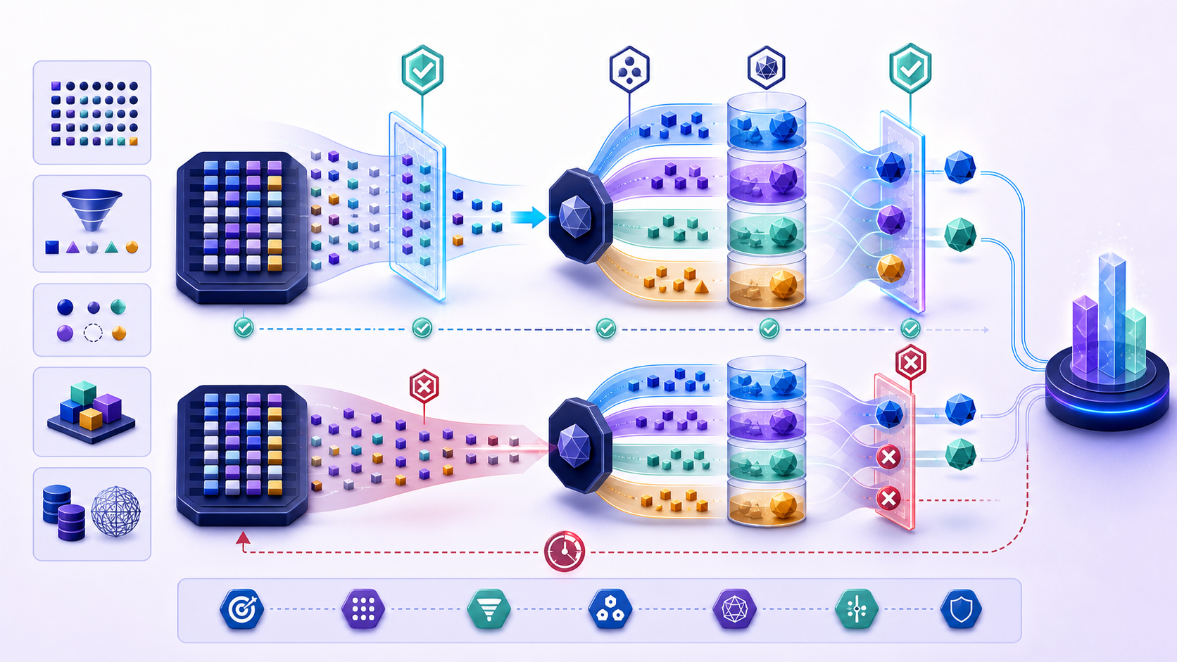 Detailed rows pass through an early row filter, split into groups, produce aggregate metrics, and then pass through a post-aggregation group filter while an incorrect delayed-filter path is rejected