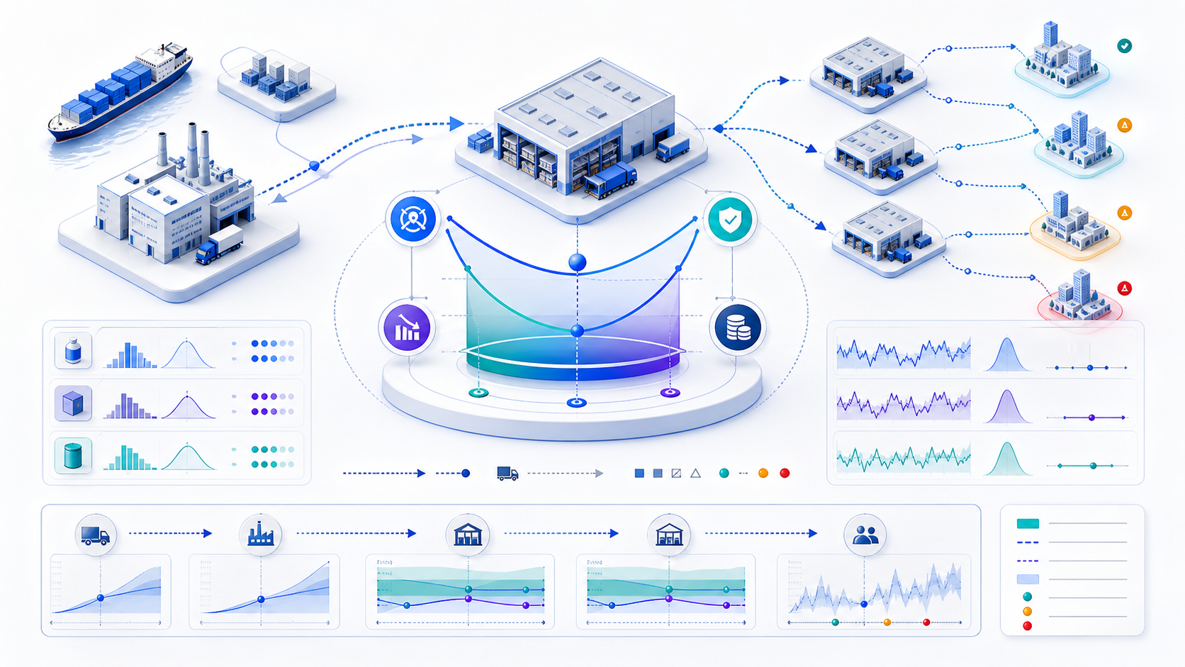 Inventory optimization model balancing service level, stockout risk, holding cost and working capital across suppliers, warehouses, SKU segments and customer locations