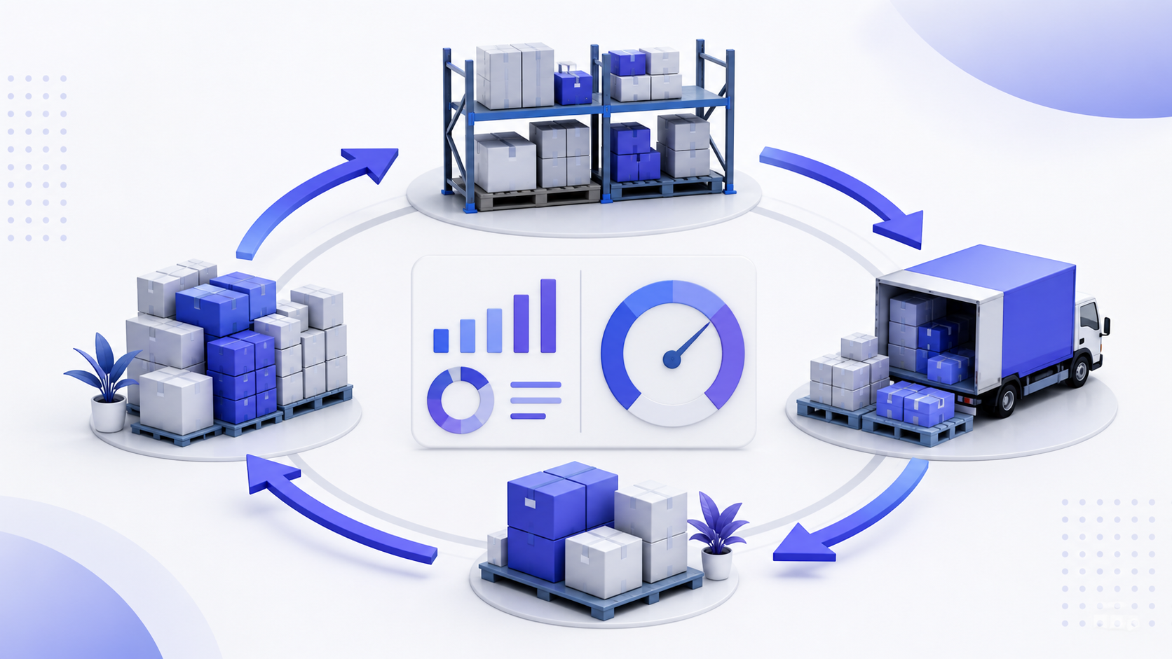 Warehouse inventory moving through a circular sales and replenishment cycle with an analytical ratio gauge