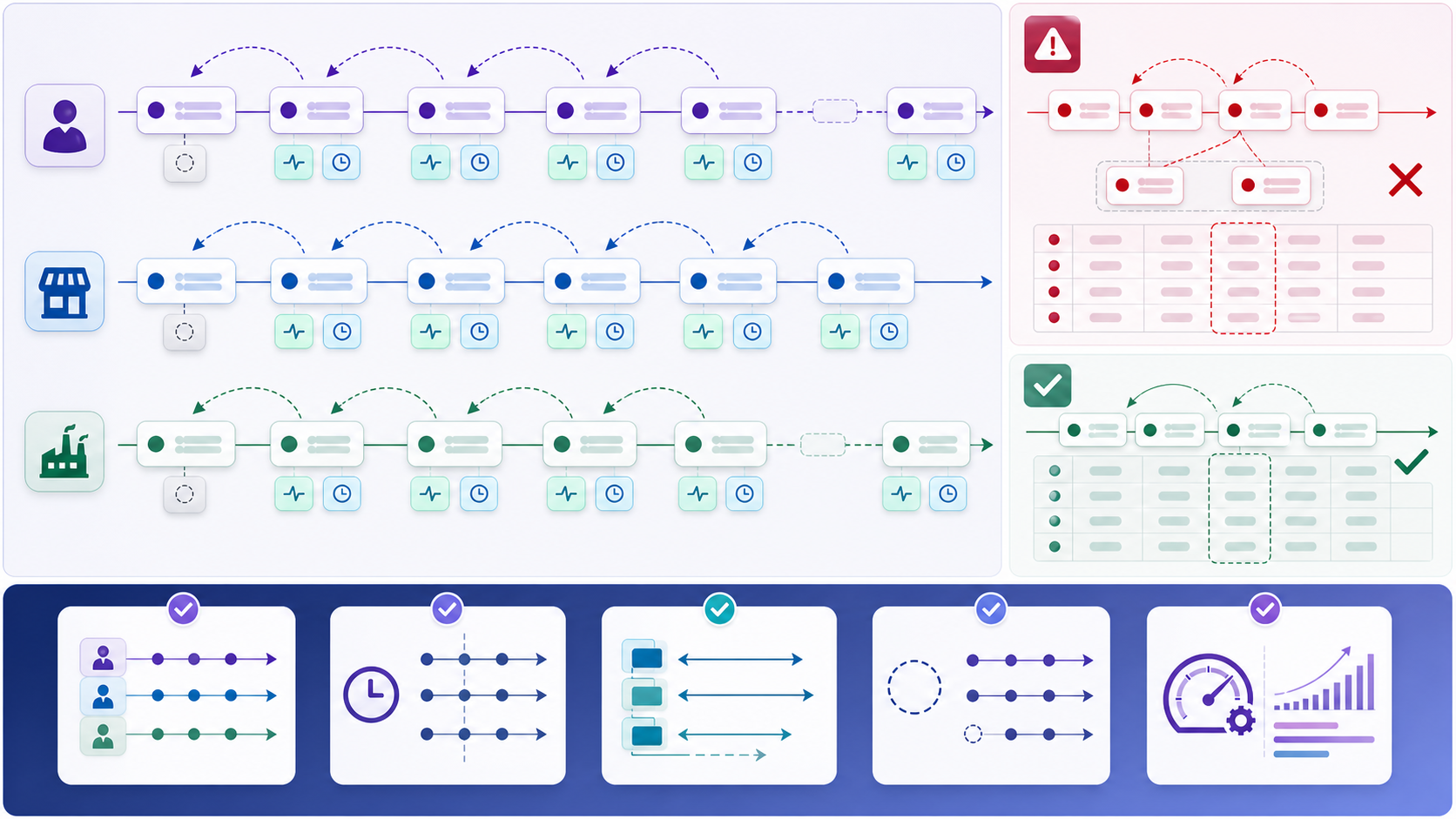 Partitioned event timelines connect each current row to its previous row while missing periods remain gaps and duplicate ordering is corrected with a stable key