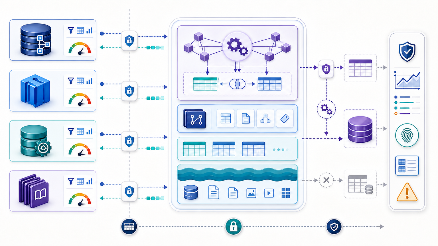 Lakehouse federation architecture showing governed lakehouse compute pushing filtered work to external databases, receiving bounded results, joining them locally and optionally materializing approved data