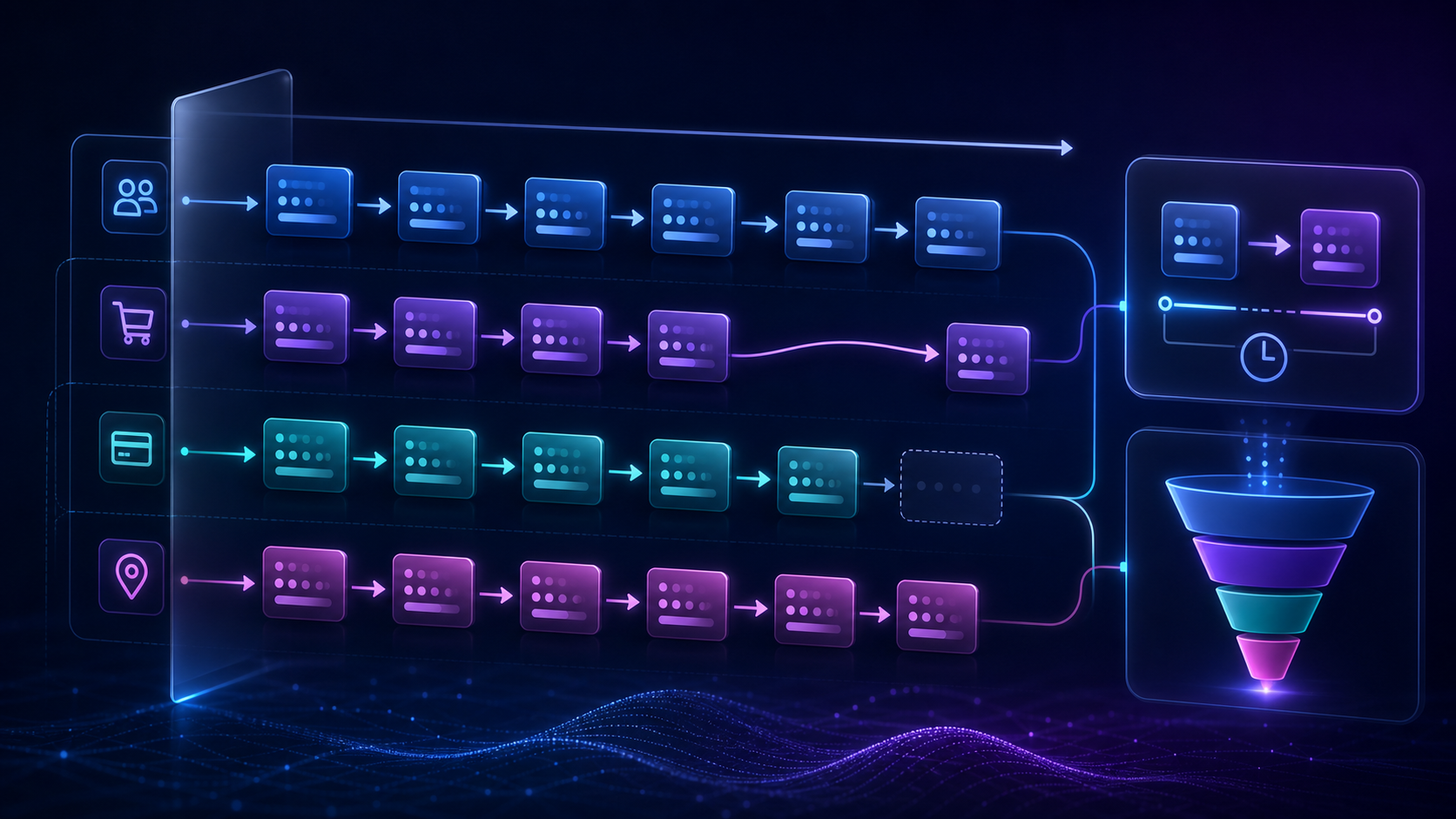 Parallel event partitions connect each current row to its next chronological row, expose missing successors, compare timestamps, and trace funnel movement