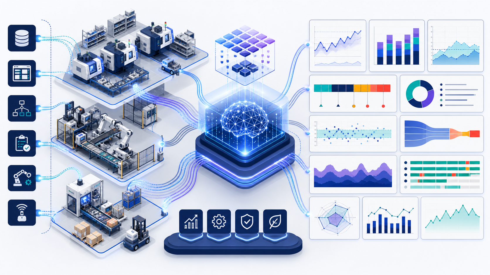 Manufacturing analytics layer connecting ERP, MES, machine, quality and maintenance data with throughput, downtime, yield, capacity and cost views