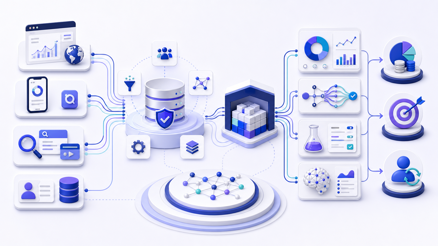 Marketing analytics tools architecture connecting web, search, advertising, CRM, and revenue data through governed storage to reporting, attribution, experiments, AI analysis, and business decisions