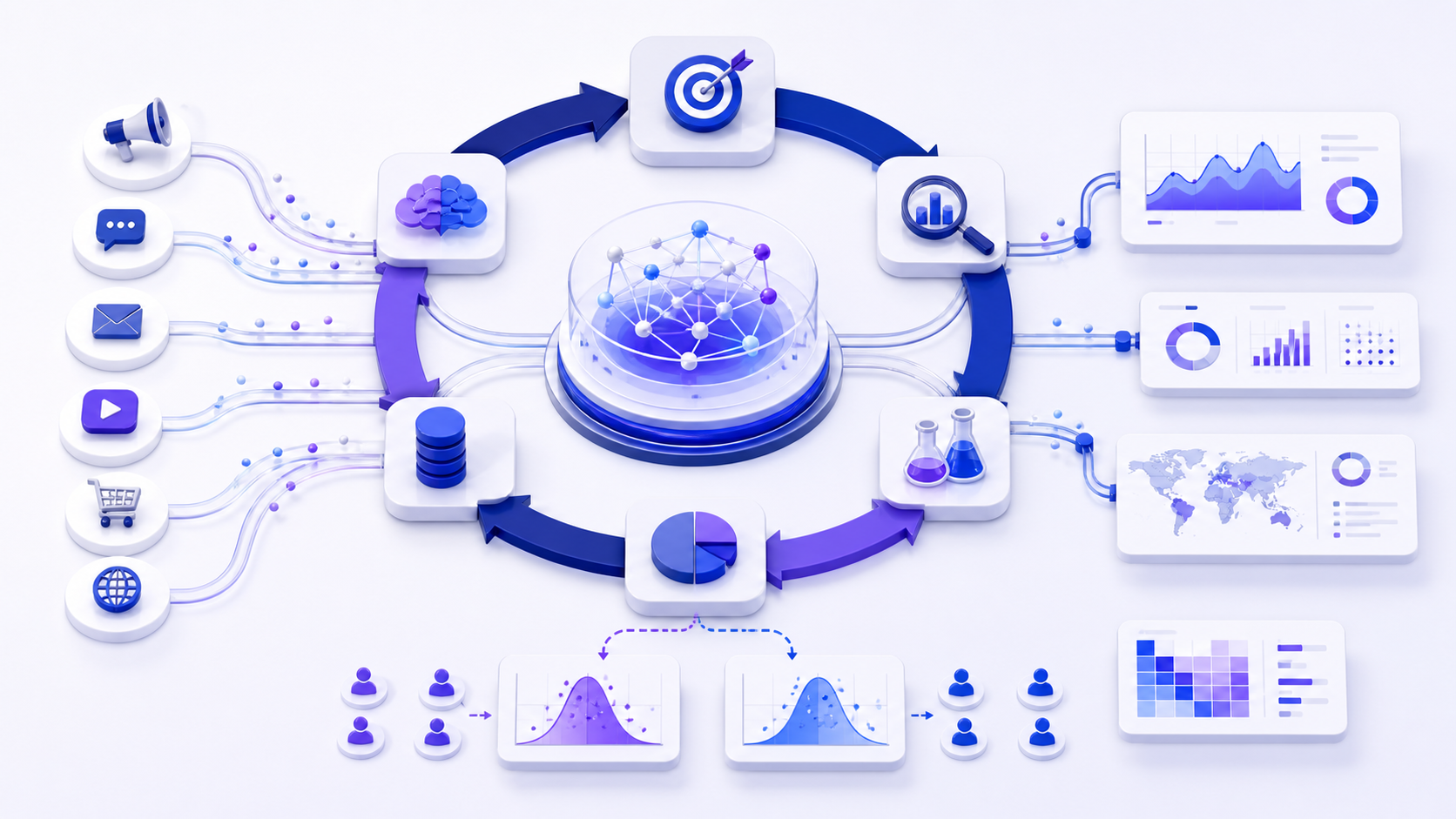 Marketing analytics decision system connecting market choices, customer economics, experiments, planning, and resource allocation