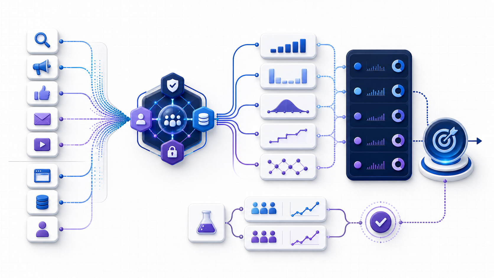 Marketing attribution software workflow linking campaign touchpoints through identity matching and model comparison to experiment validation and a budget decision