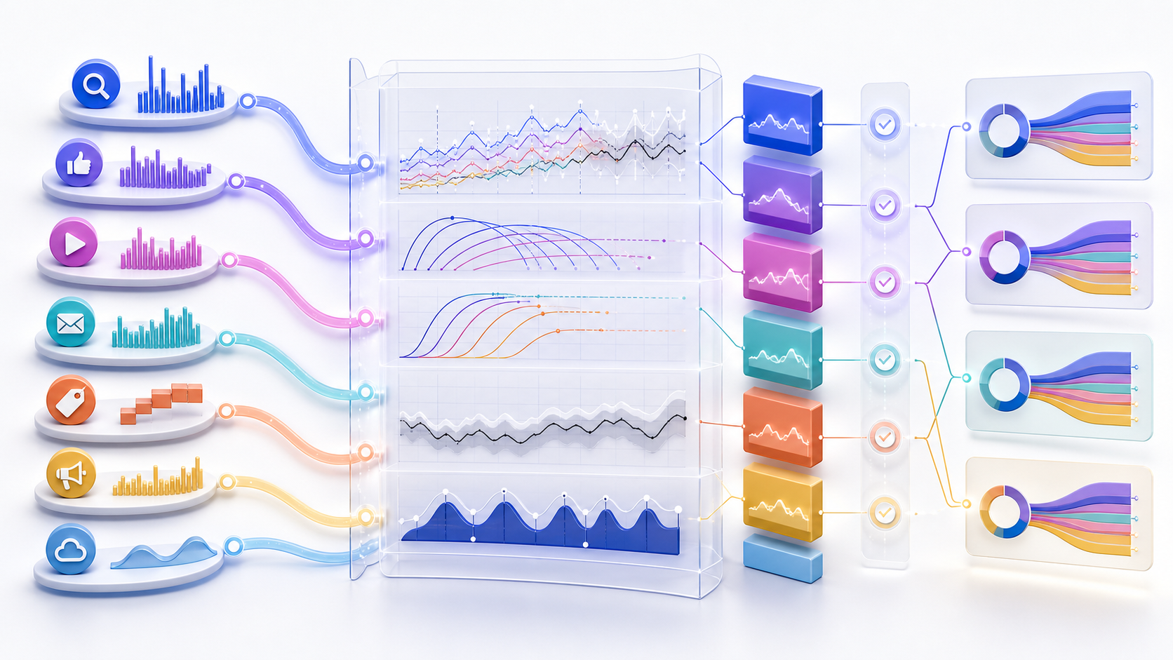 Marketing mix modeling workflow from aggregated channel and business signals through carryover, saturation, calibration, and budget scenarios