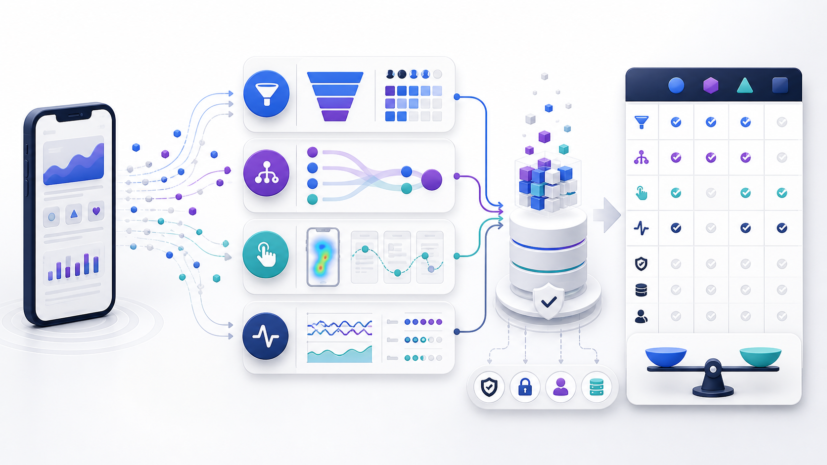 Mobile app analytics tools decision flow from app events through behavior, attribution, experience, stability, governance, and a comparison matrix