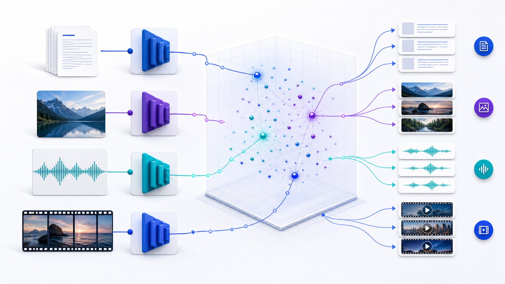 Diagram of text, image, audio, and video inputs entering aligned multimodal embeddings and producing cross-modal search results
