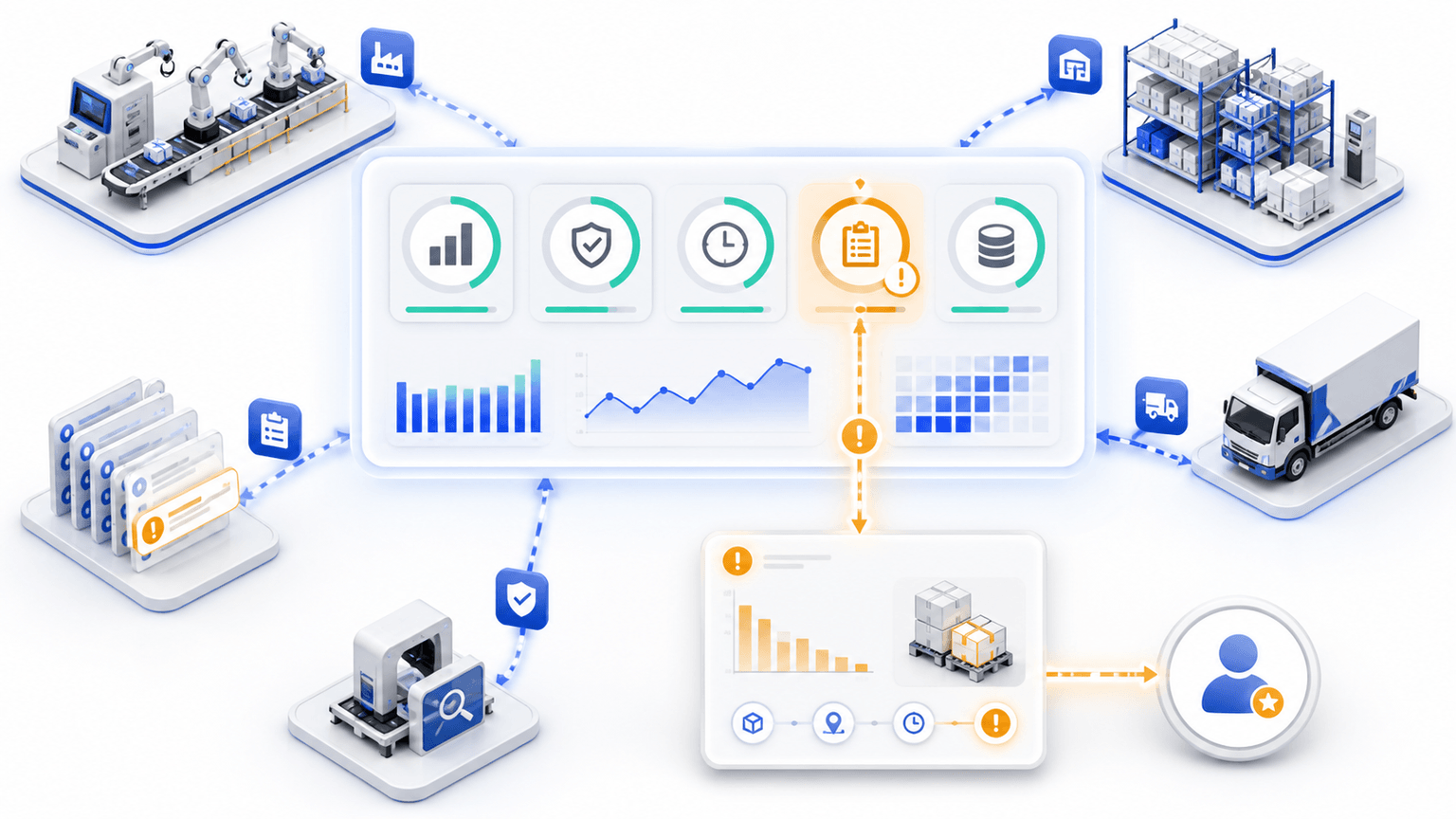 Operations dashboard combining output, quality, on-time work, backlog, and data freshness with exception drilldown and action ownership