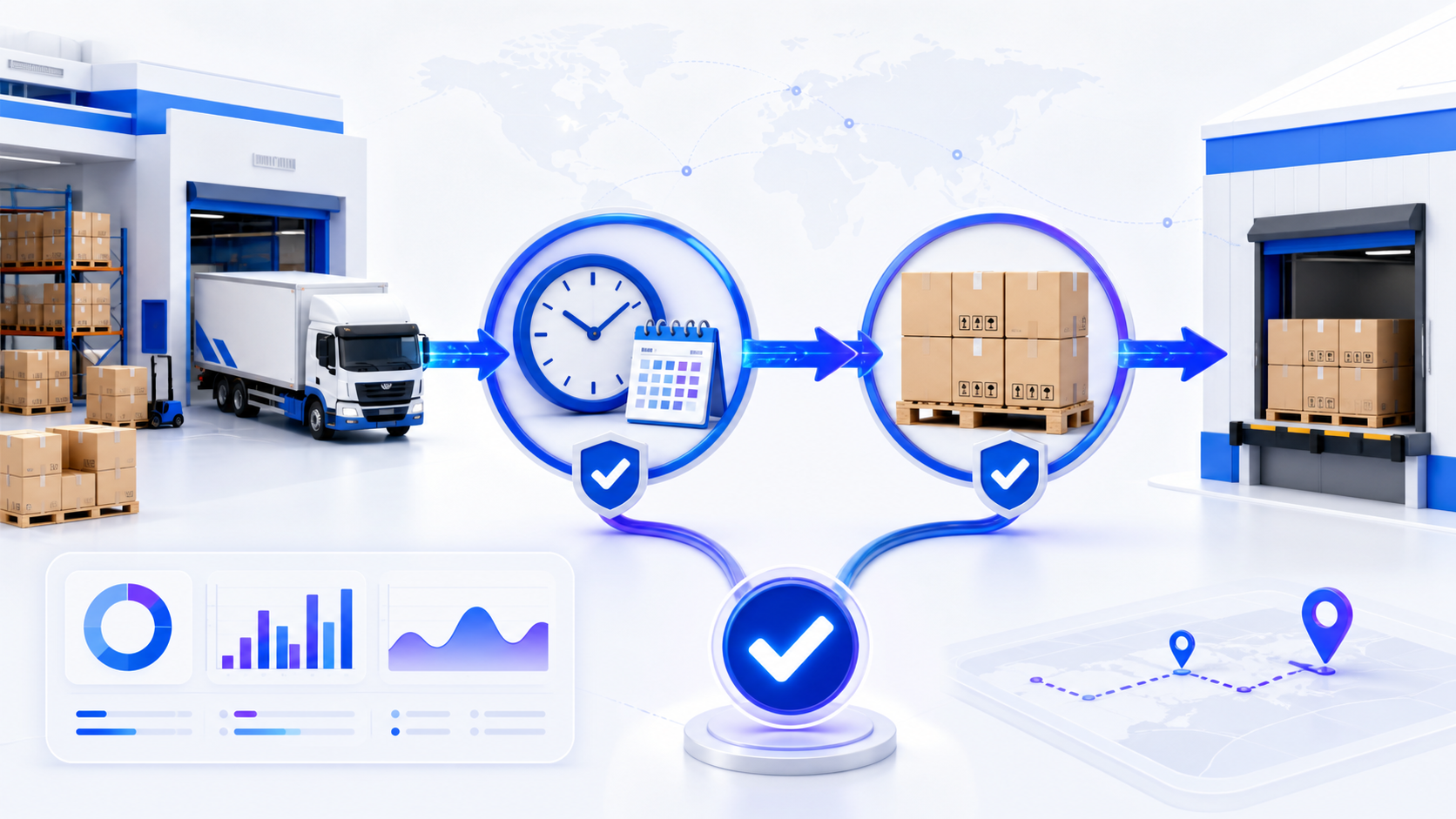 A delivery flow passing both an on-time checkpoint and a complete-quantity checkpoint before reaching a receiving dock