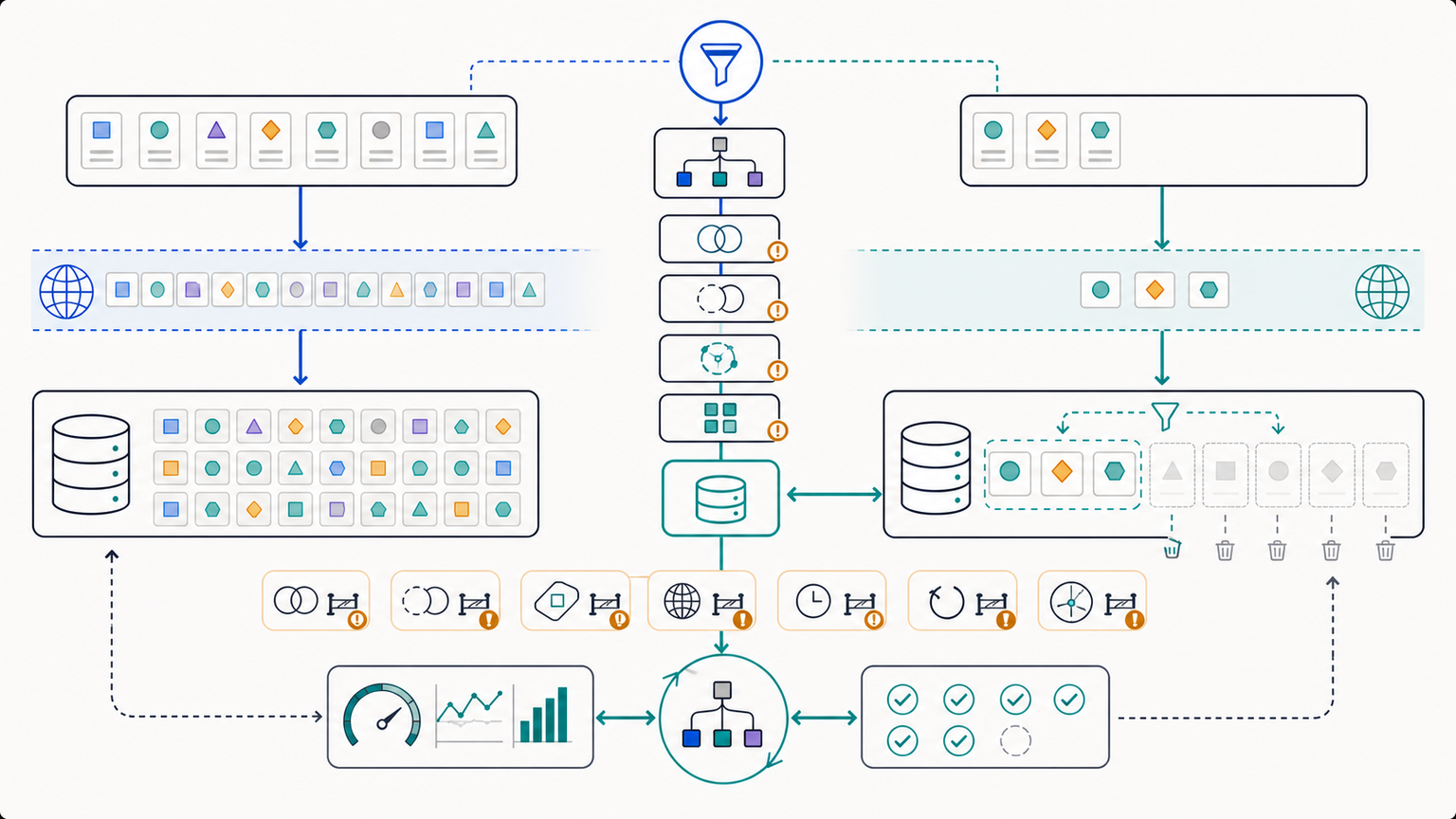 Predicate pushdown diagram comparing a large unfiltered transfer with source-side filtering, semantic safety gates, and plan, telemetry, and result verification