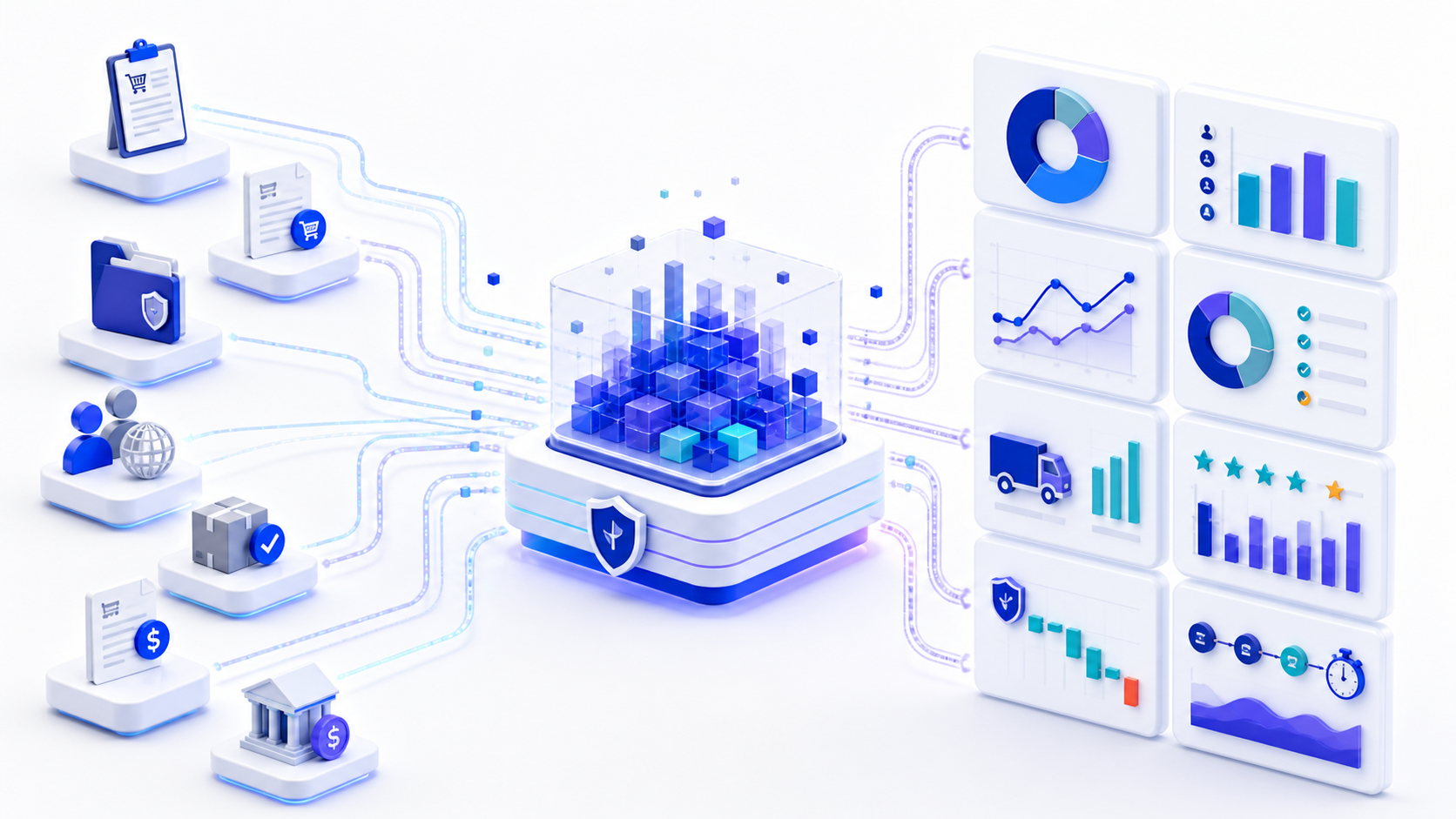 Procurement analytics layer connecting requisitions, purchase orders, contracts, suppliers, receipts, invoices and payments with spend, compliance, performance and risk views