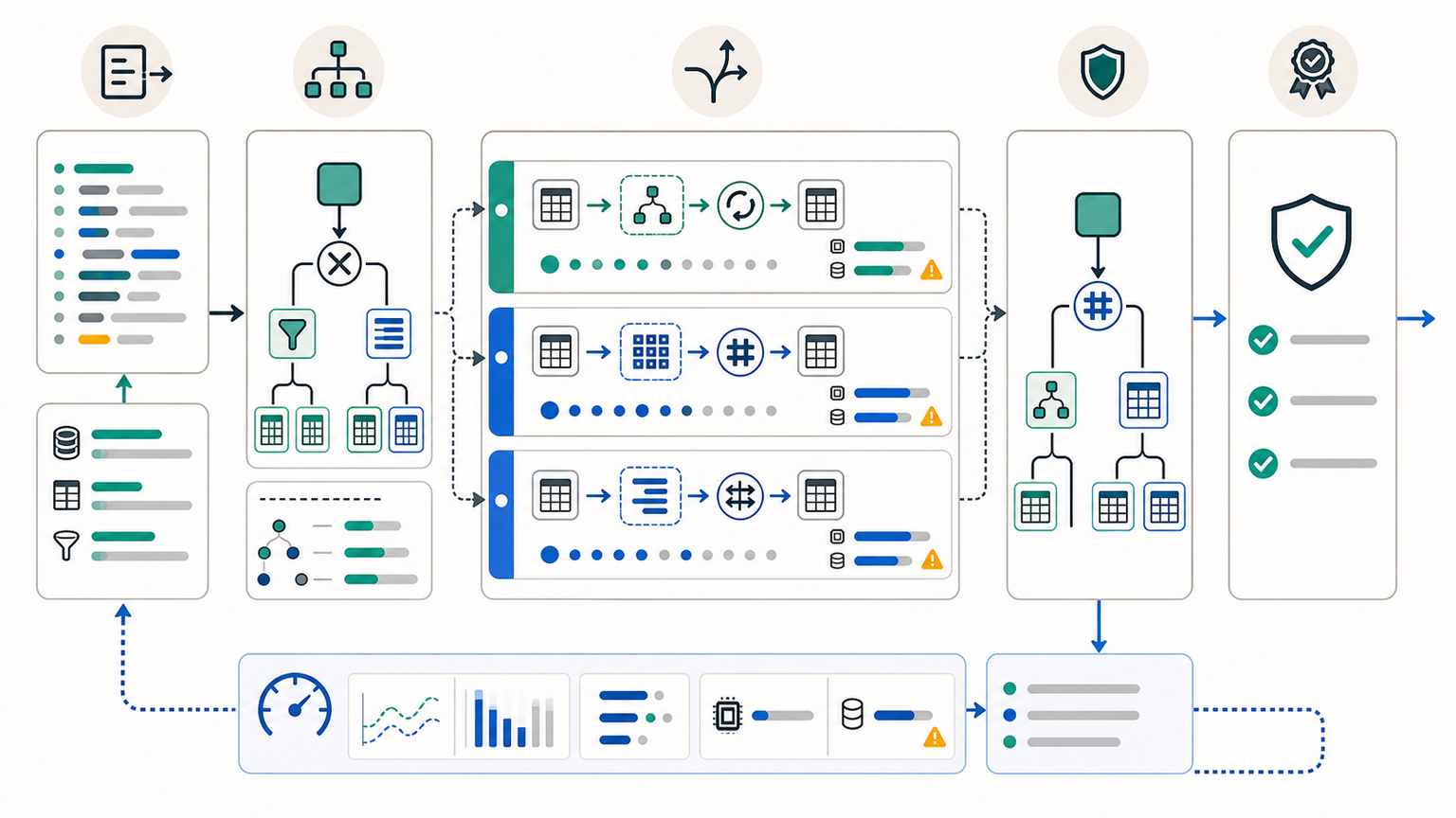 Query optimization workflow showing a SQL request becoming logical and physical plan candidates, a selected execution plan, and measured runtime feedback