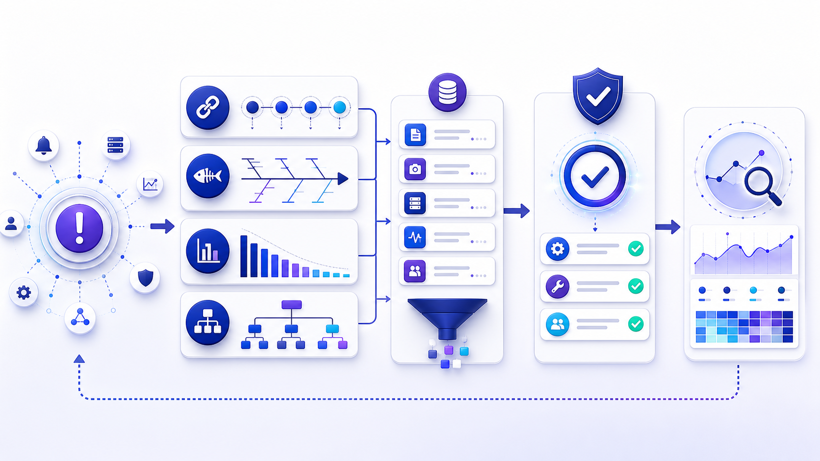 RCA tools workflow connecting method selection, evidence tracking, cause verification, corrective action, and recurrence monitoring