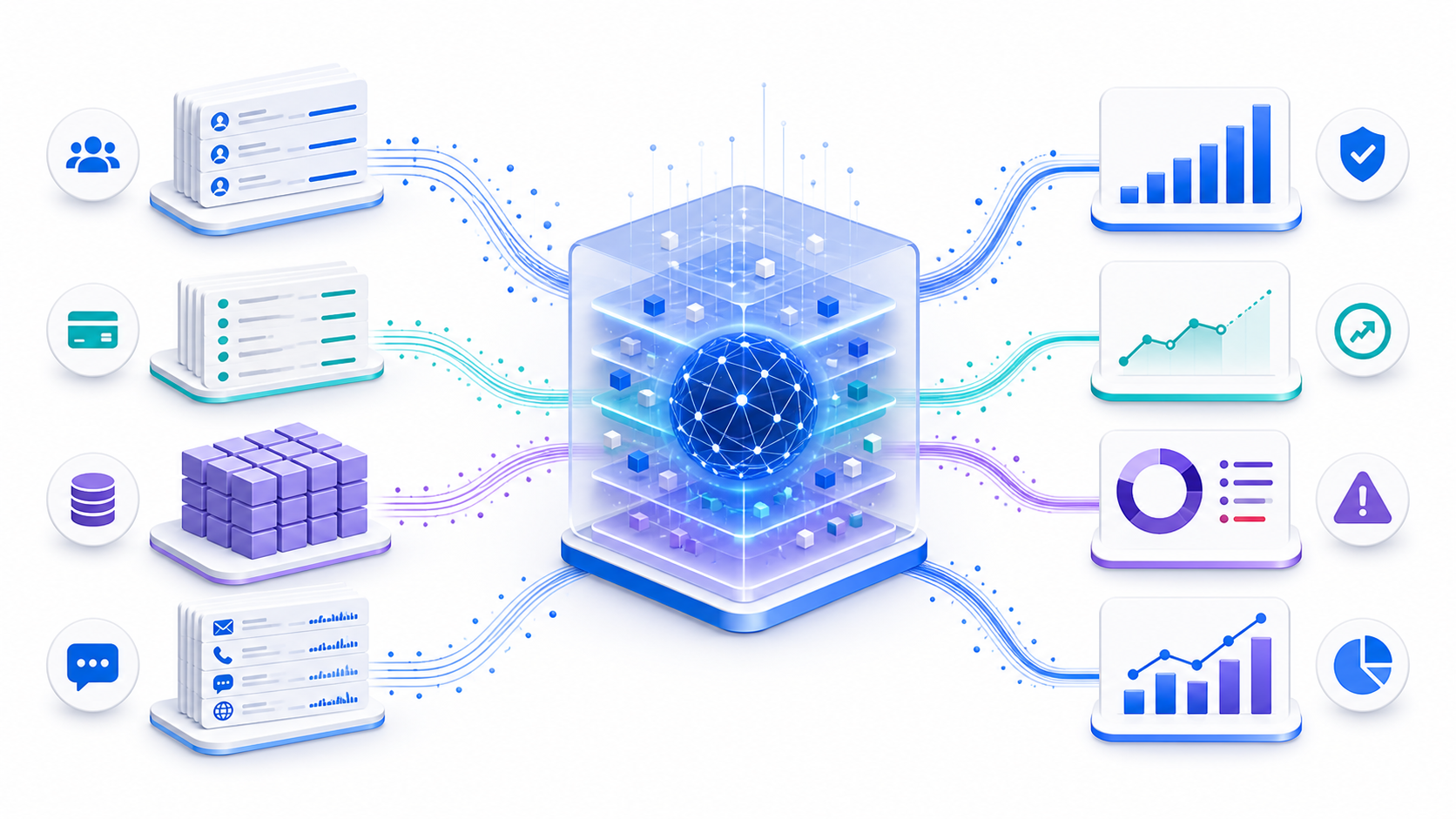 CRM, billing, warehouse, and interaction data flowing through a governed intelligence layer into pipeline, forecast, risk, and revenue views