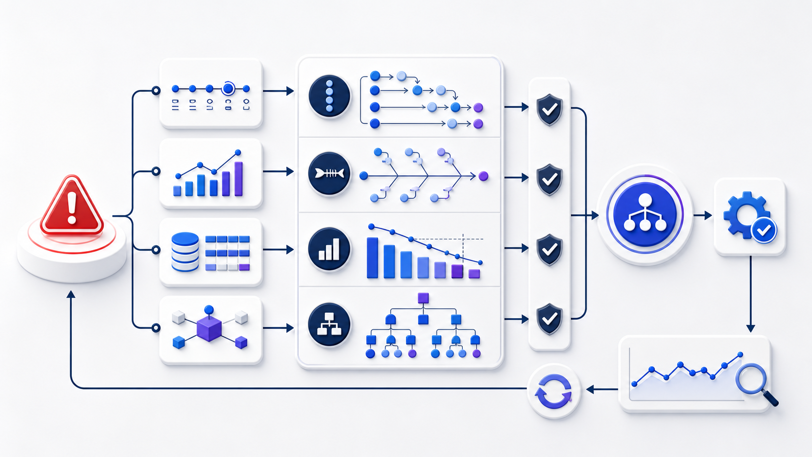 Root cause analysis toolchain connecting evidence intake, investigation decisions, corrective actions, and verification