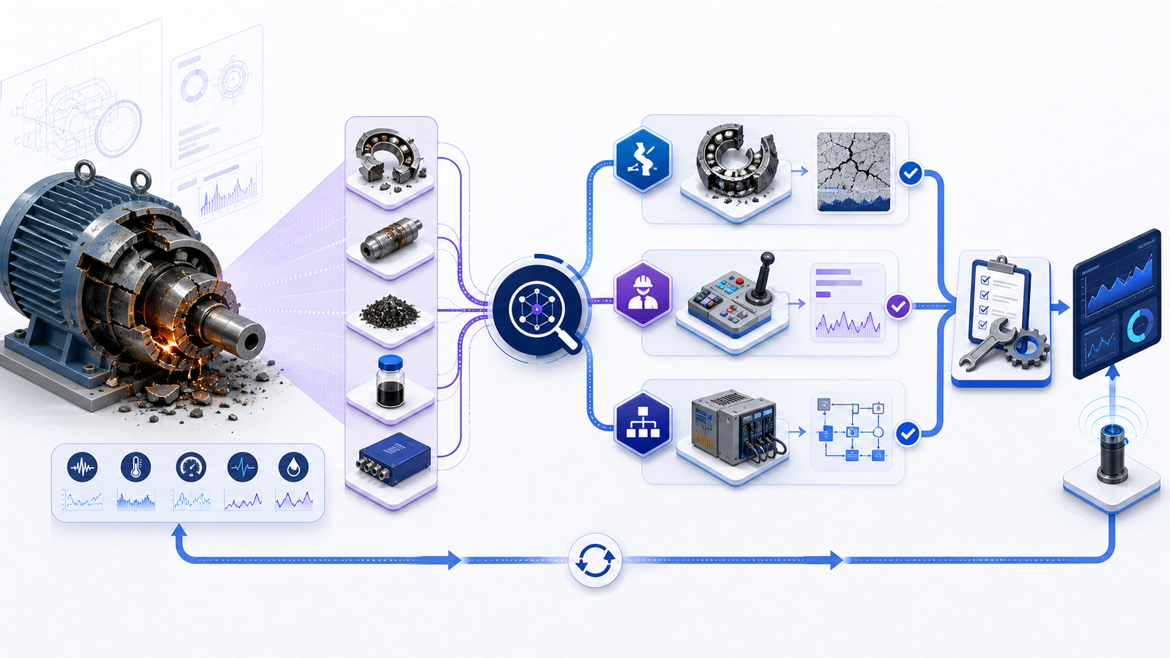 Root cause failure analysis workflow from failed rotating equipment and preserved evidence through physical, human, and system causes to verified corrective action