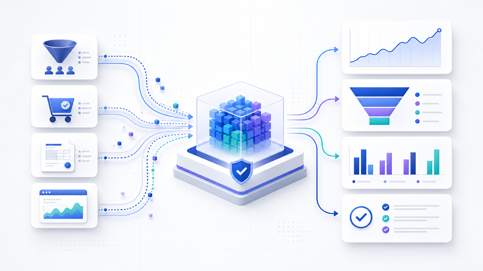 Sales sources flowing into a governed analysis model with trend, funnel, segment, and decision outputs