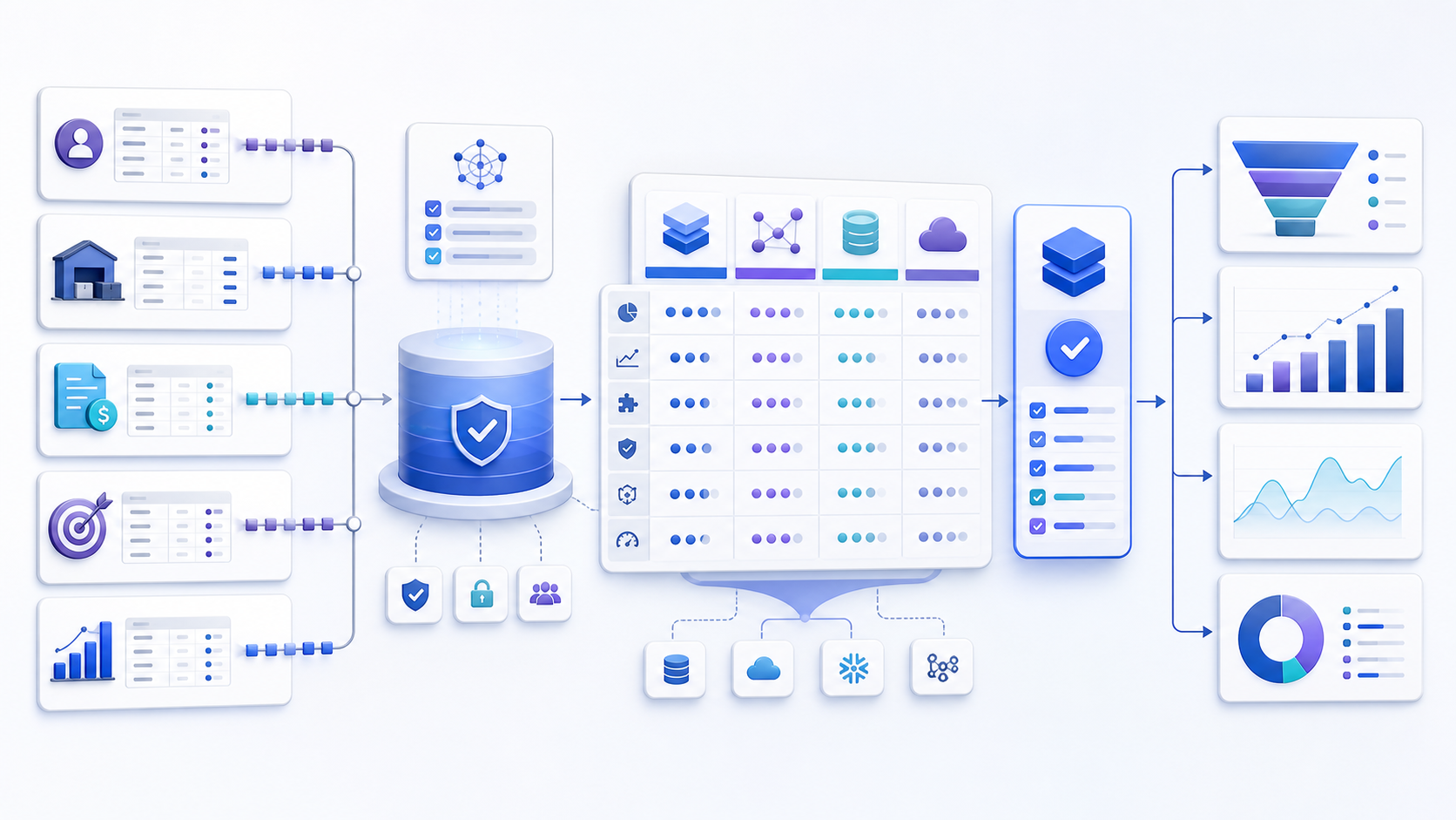 Sales data sources flowing through a governed comparison scorecard into selected analytics software and verified insights