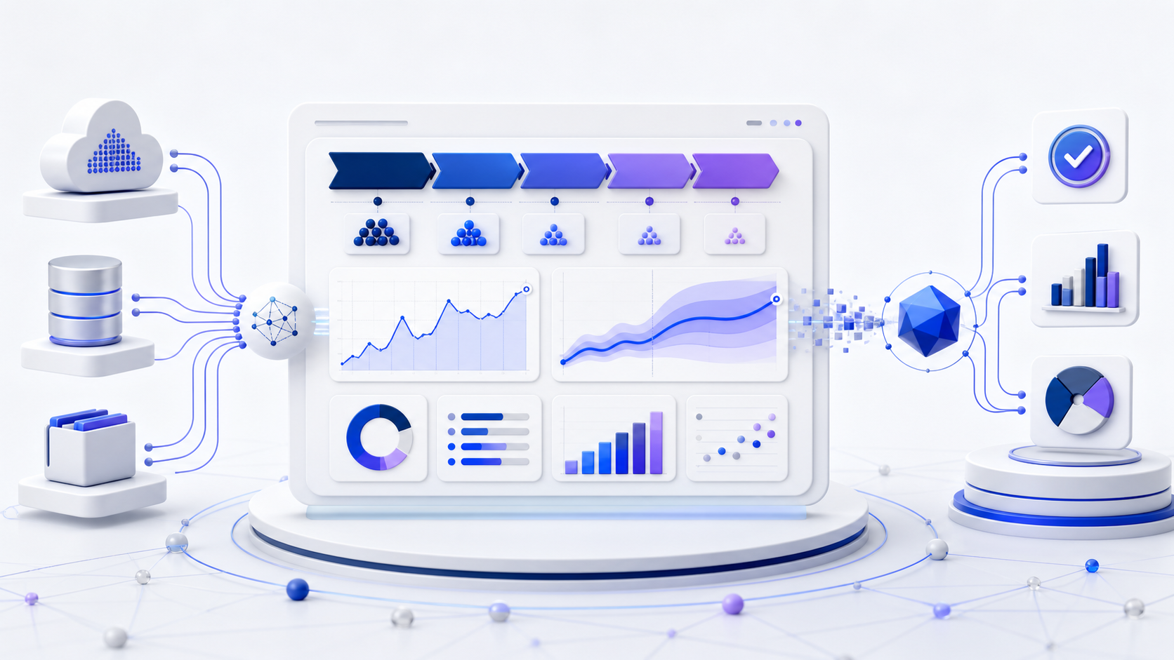 Connected CRM, billing, pipeline, forecast, and revenue charts in a governed sales analytics workflow