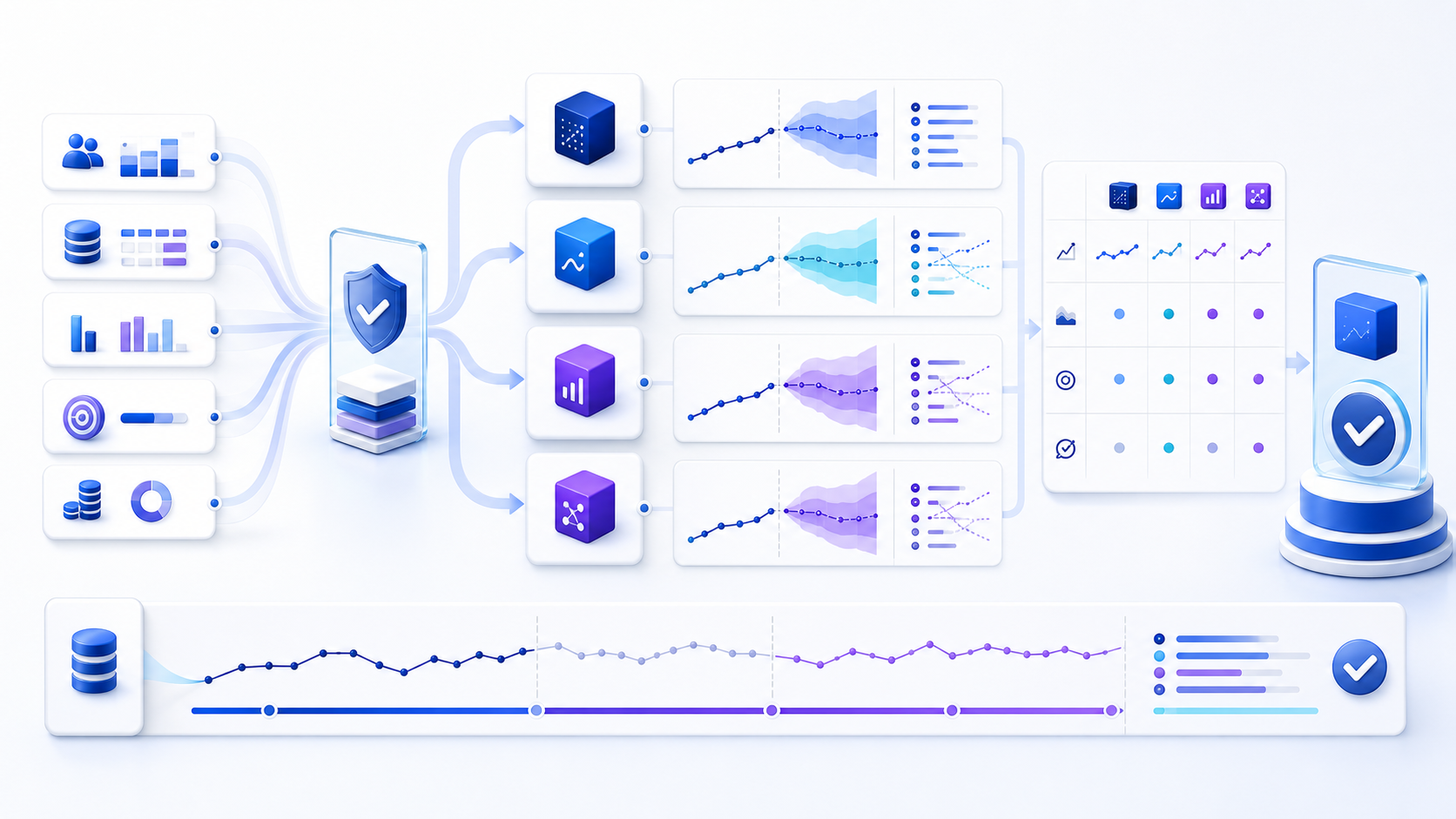 Sales pipeline and actuals flowing into forecasting software candidates and a rolling validation scorecard