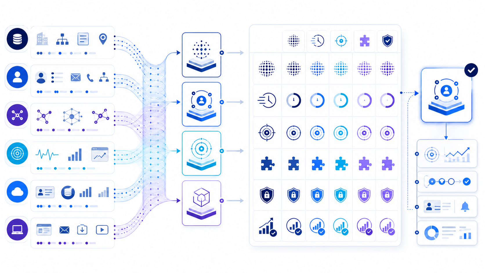 Sales intelligence data sources flowing through software candidates, a governed comparison matrix, and a validated selected workflow