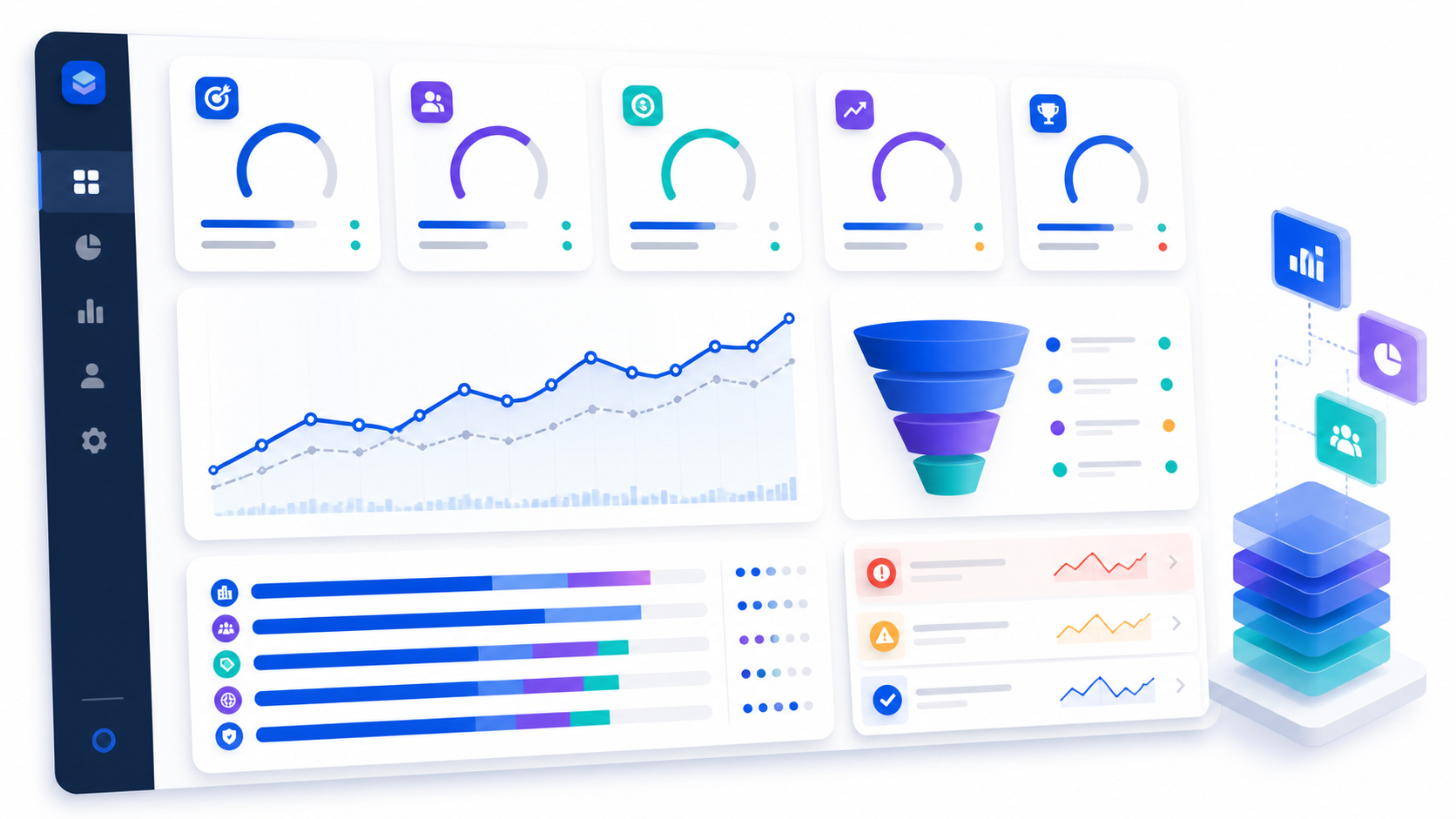 Sales performance dashboard layout with target KPI cards, trend comparison, opportunity funnel, segment bars, and exception signals