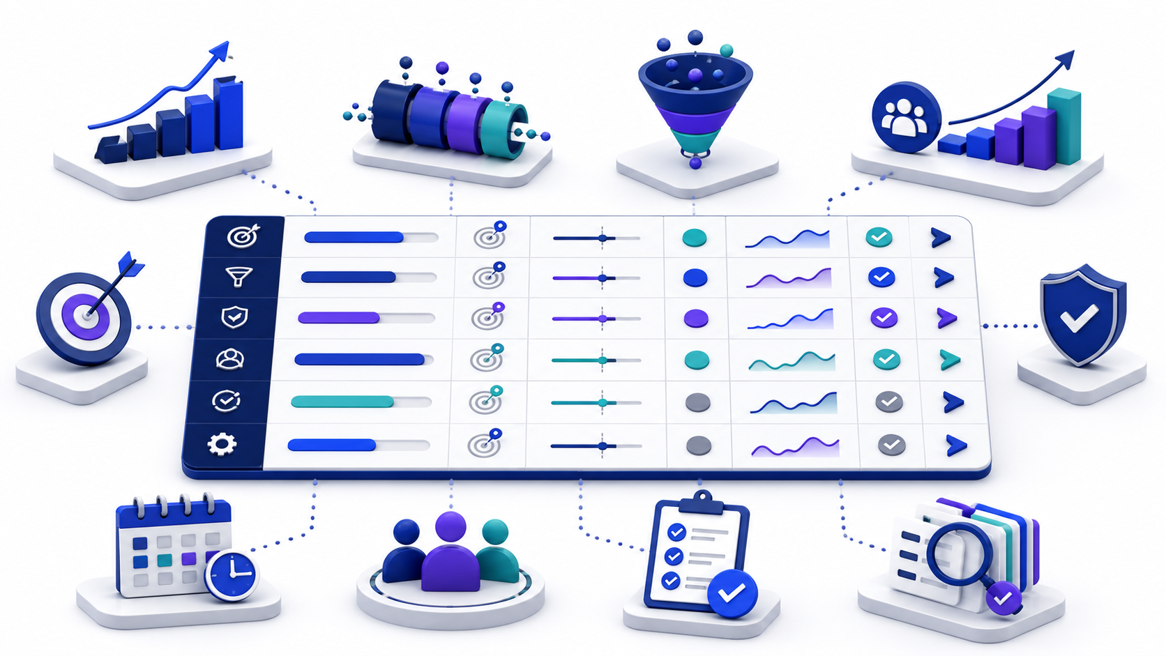Governed sales scorecard with distinct outcome, pipeline, conversion, customer, and process measures linked to targets, status, evidence, and actions