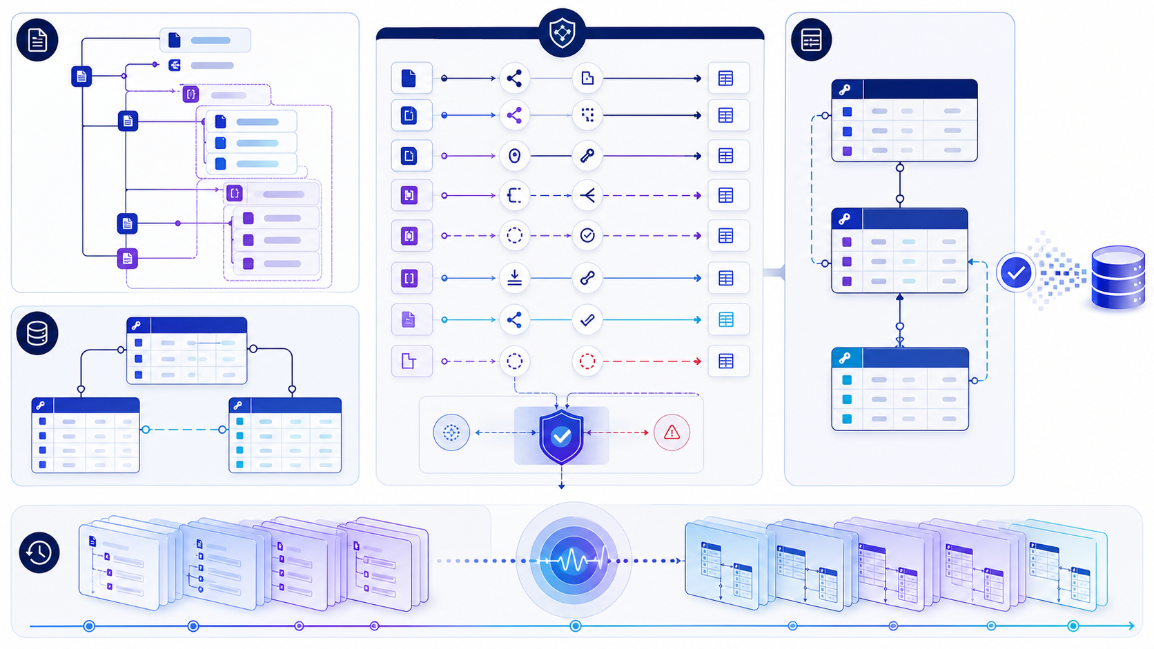 Schema mapping diagram connecting nested document and relational source structures through governed field, key, type, cardinality, constraint, and validation rules to a target schema