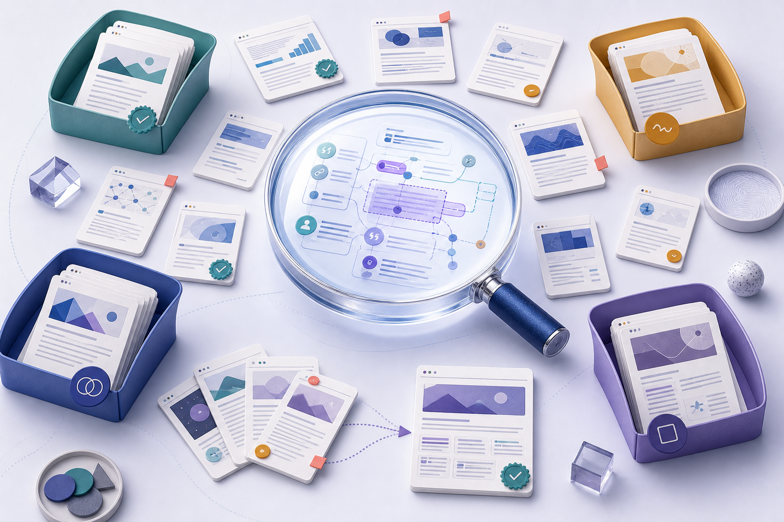 Content asset cards inspected and sorted by evidence, overlap, freshness, and action