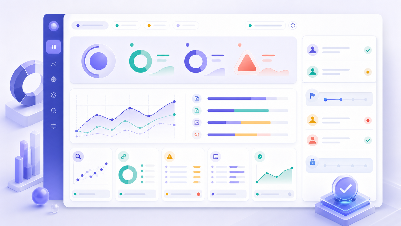 SEO dashboard organized into outcome, operating, diagnostic, and action layers
