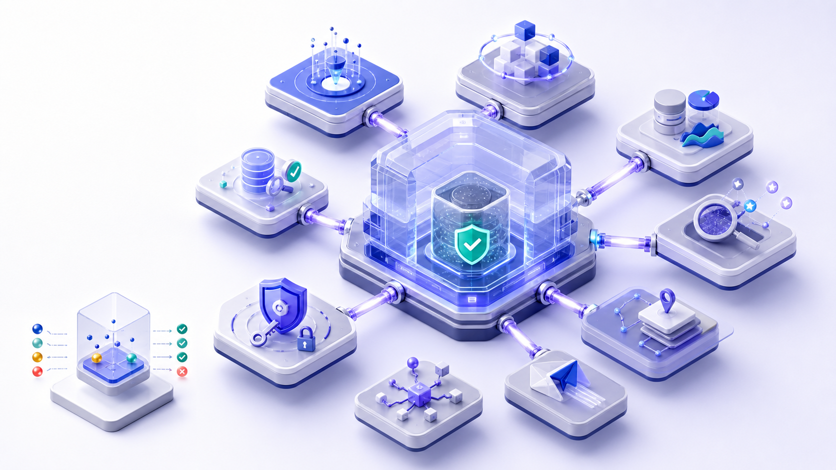 Modular SEO ranking report software core connected to collection, quality, reporting, API, and security capabilities