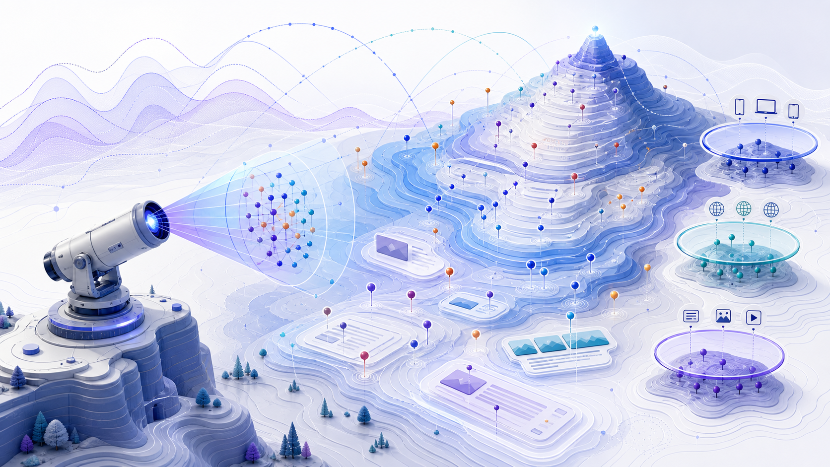 Search ranking landscape with keyword cohort markers, device and market lenses, and movement arcs