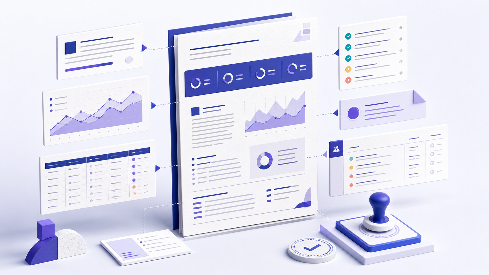 Modular SEO report document assembled from scorecards, charts, tables, insights, actions, and QA