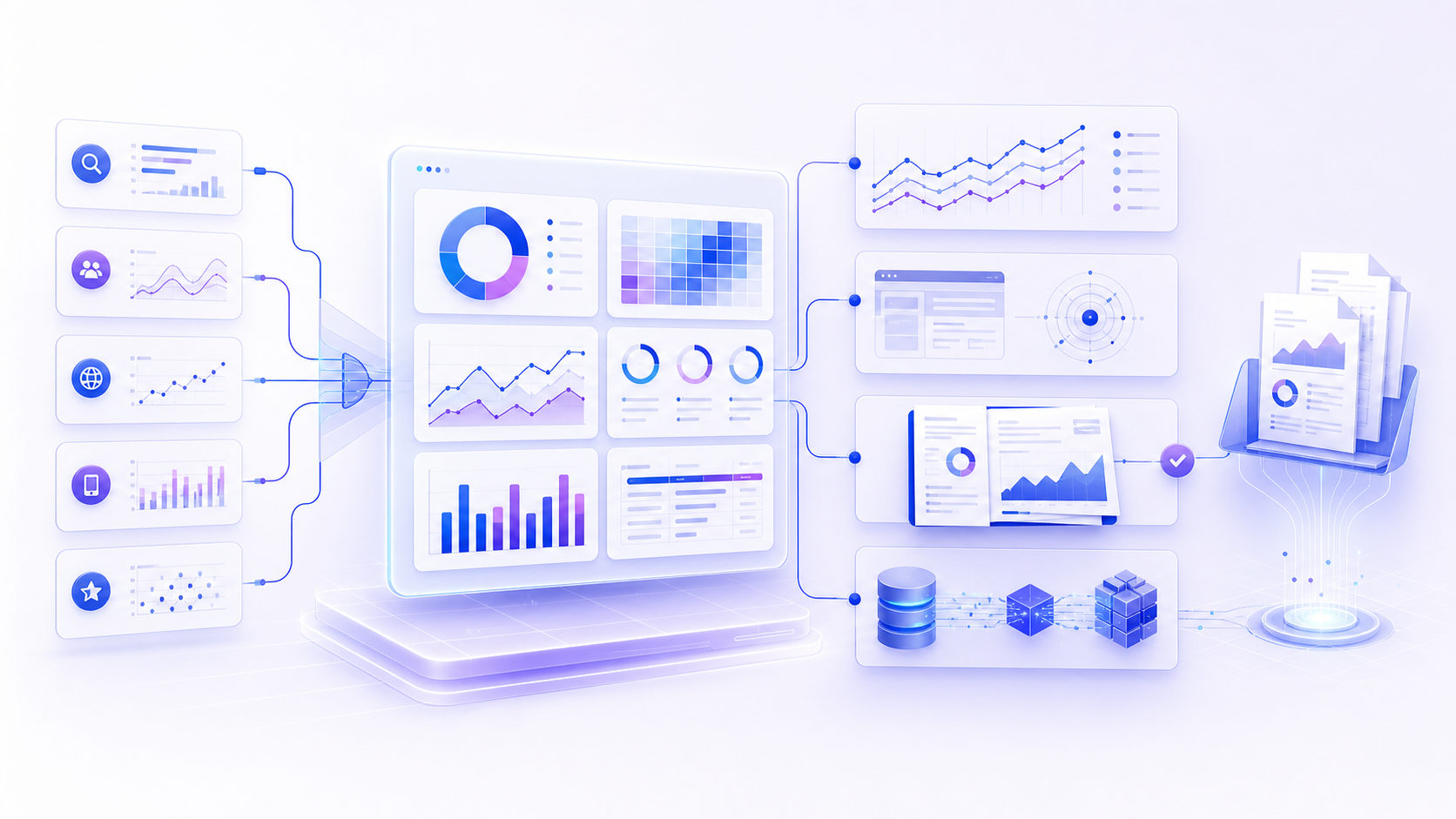 SEO reporting workspace connecting search data, dashboards, rank tracking, audits, client delivery, and warehouse flows
