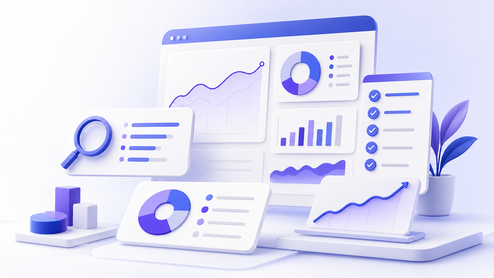 A client SEO reporting workspace with performance charts, insight cards, and a prioritized action checklist