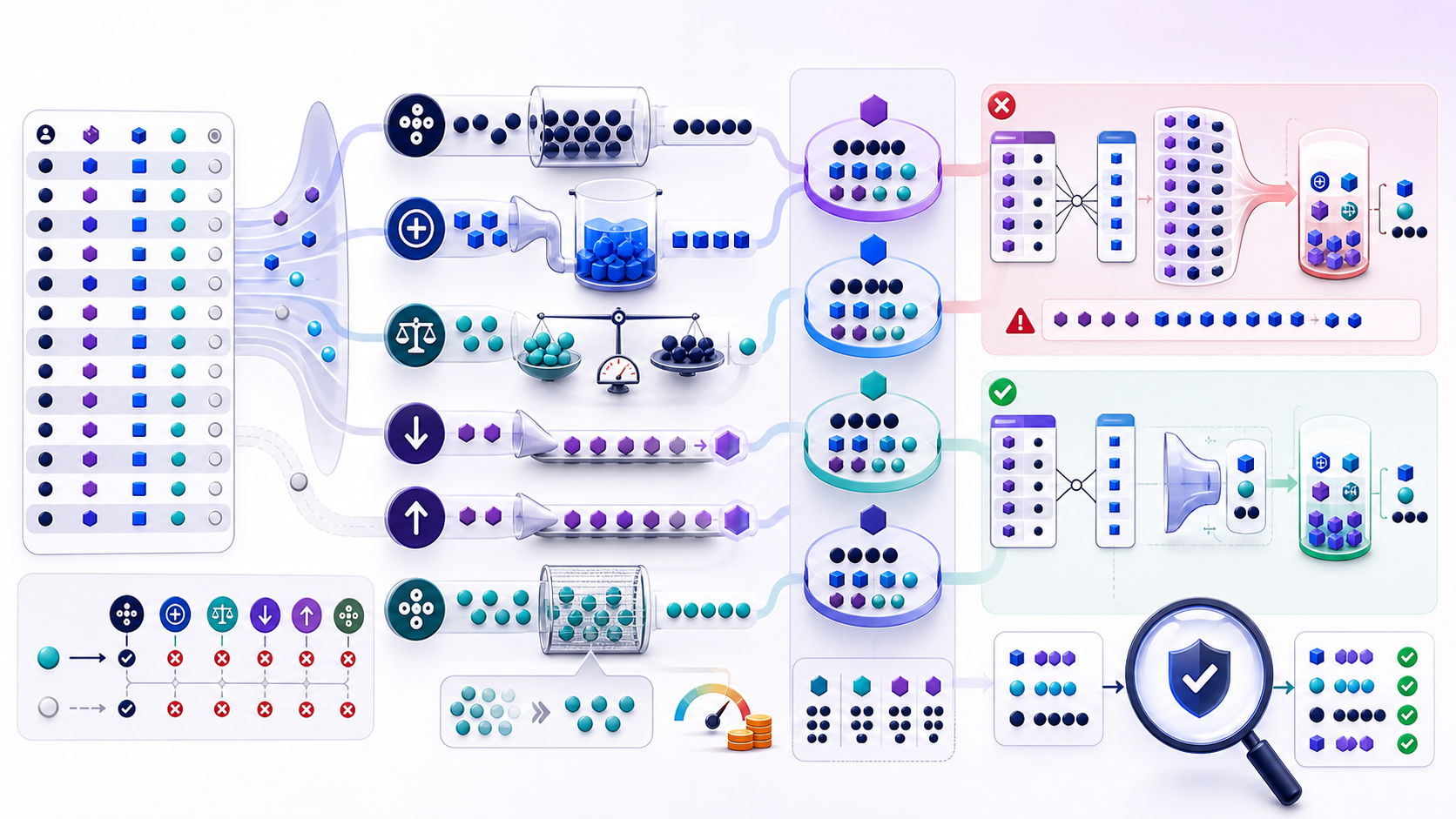 Detailed rows flow through count, sum, average, minimum, maximum, distinct, and grouped aggregation paths while a duplicate join path is corrected before metric validation