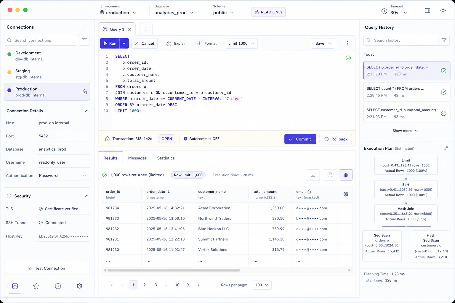 A secure SQL client workspace showing environment-aware connections, verified TLS and SSH, a read-only production context, transaction controls, limited results, and an execution plan