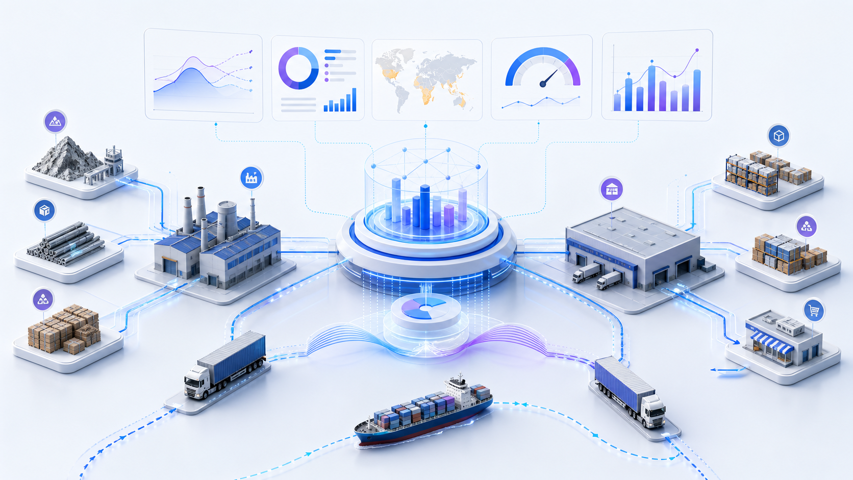 Supply chain analytics network connecting suppliers, factories, warehouses, inventory, freight and operational performance signals