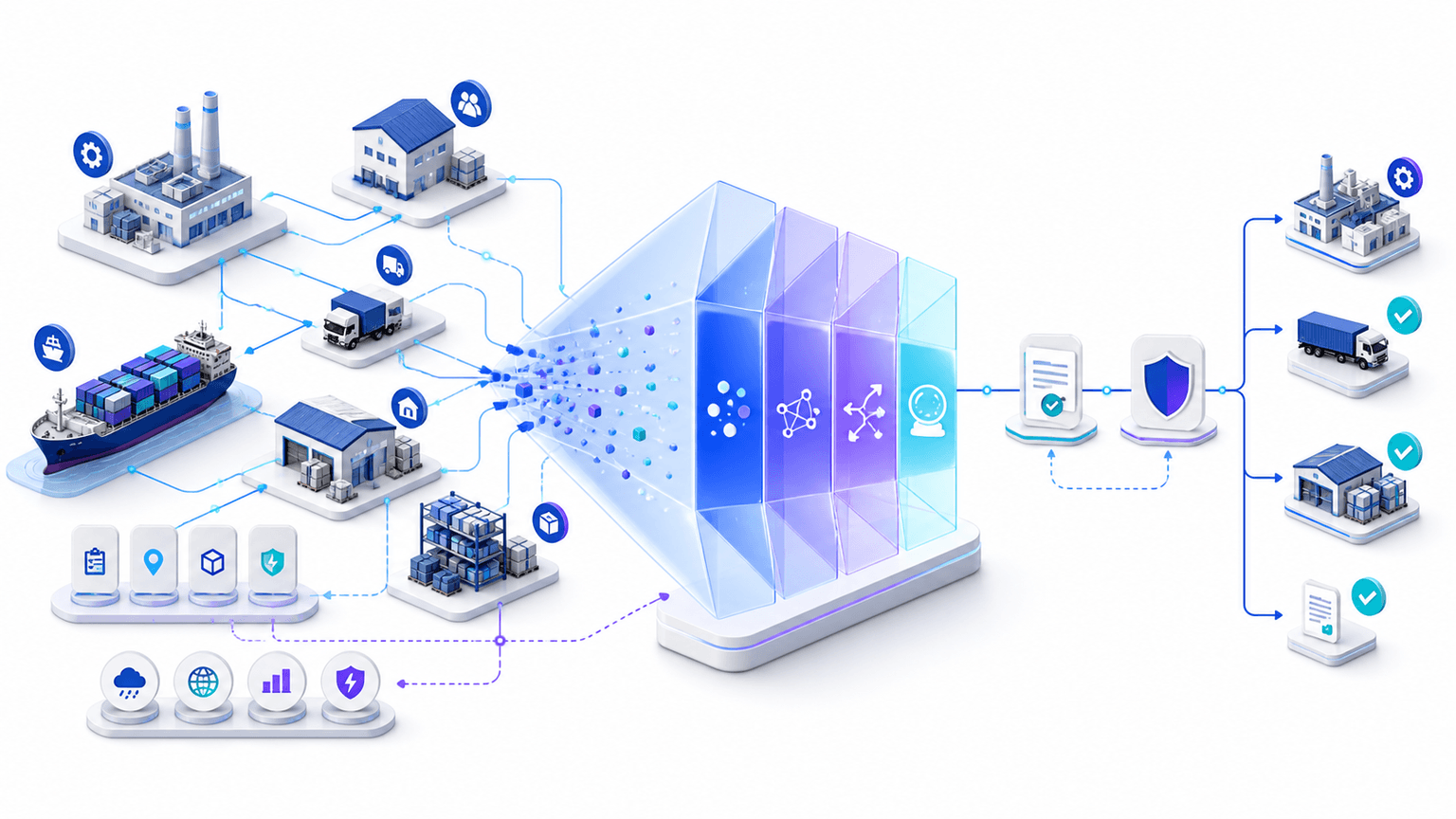 Supply chain intelligence transforming supplier, factory, logistics, inventory, and external risk signals into contextual analysis and governed decisions