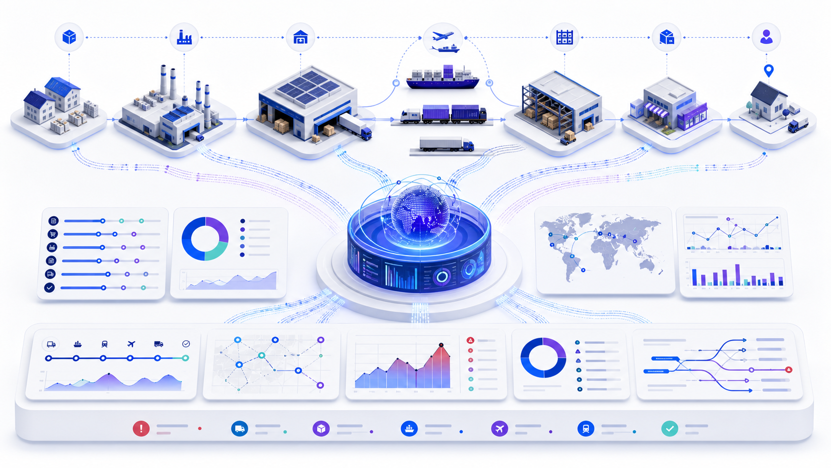 End-to-end supply chain visibility network connecting suppliers, factories, warehouses, transport, inventory and delivery events to an analytical exception layer