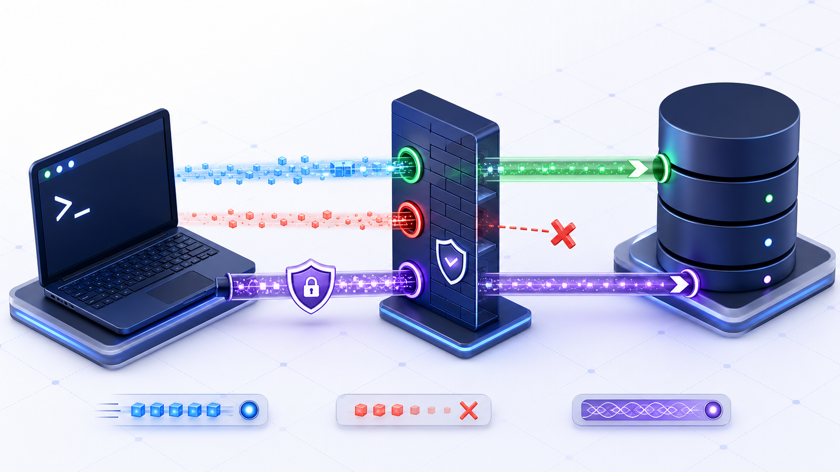 A terminal tests an authorized TCP path through a firewall to a database, contrasting an open port, a refused connection, and a protected secure protocol