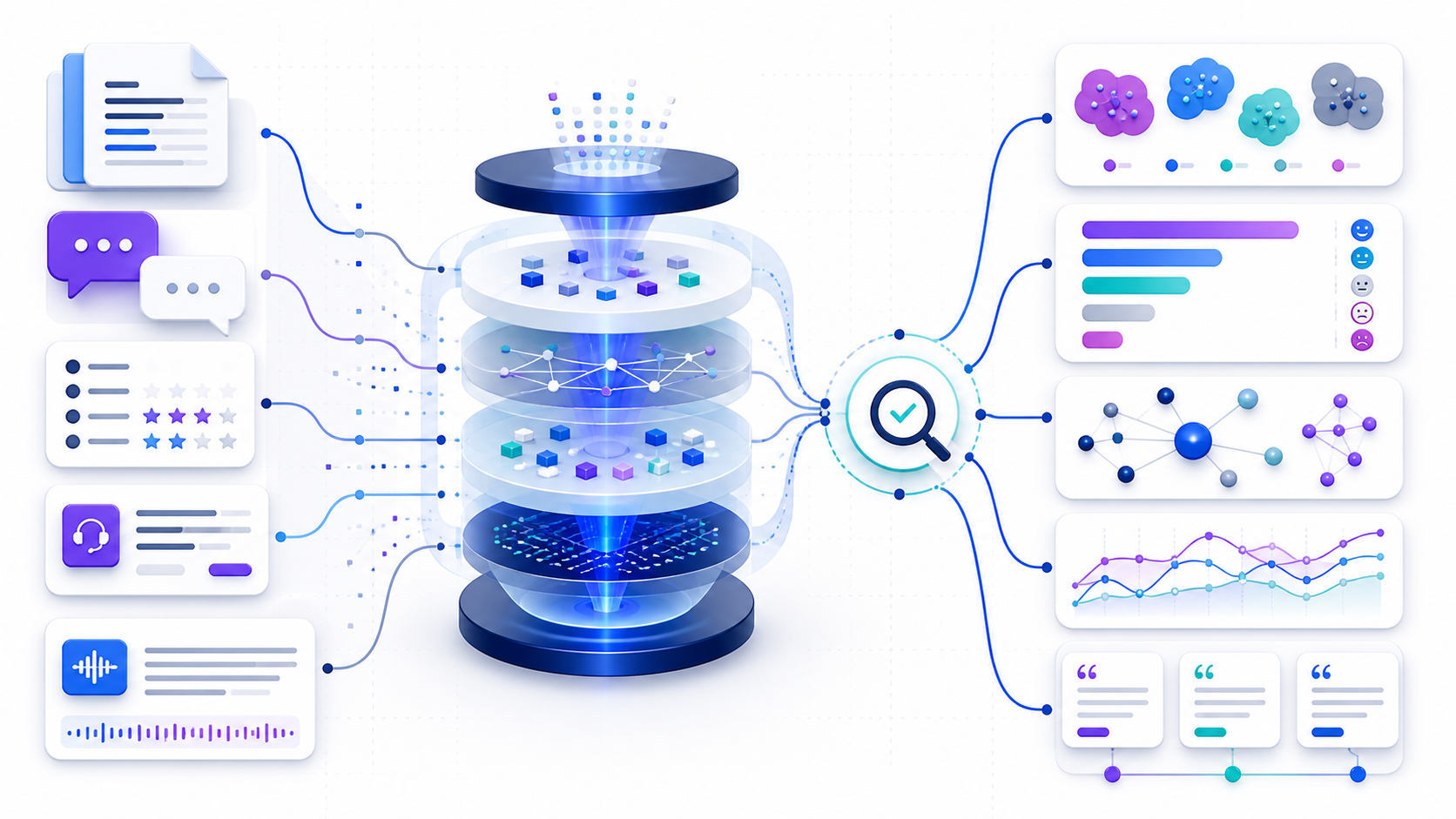 Text analytics software workflow showing documents, surveys, tickets, chats, and transcripts becoming themes, sentiment, entities, trends, evidence cards, and validated results