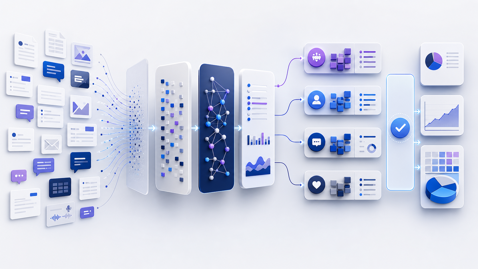 Text analytics tools workflow from mixed documents and messages through preparation, theme, entity and sentiment analysis to a human validation checkpoint