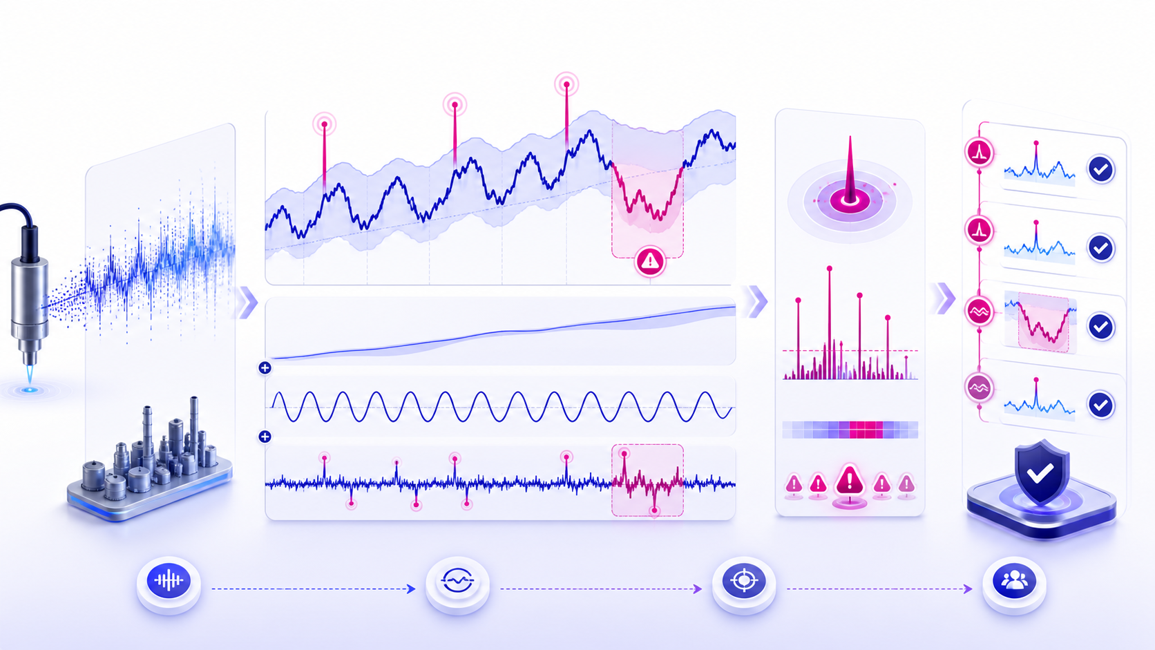 Time series anomaly detection workflow showing seasonal decomposition, residual scoring, anomaly alerts, and review