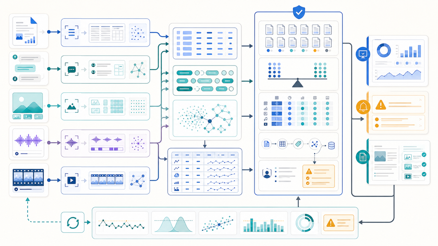 Unstructured data analytics pipeline converting documents, messages, images, audio and video into validated multimodal signals joined with structured measures and monitored decisions