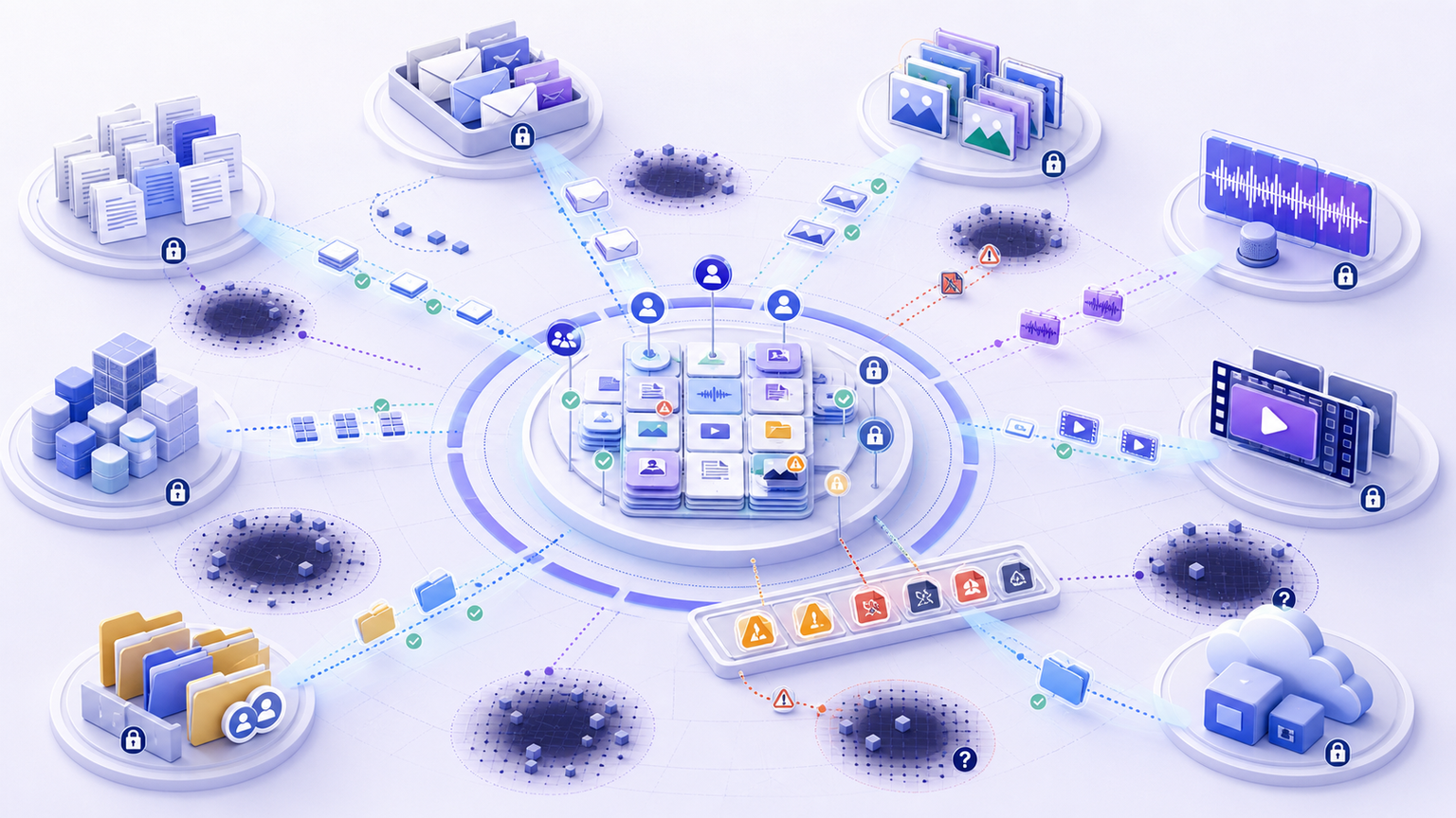 Unstructured data discovery map showing approved repositories, metadata scans, duplicate and restricted zones, representative content inspection, coverage reconciliation and an evidence-backed inventory